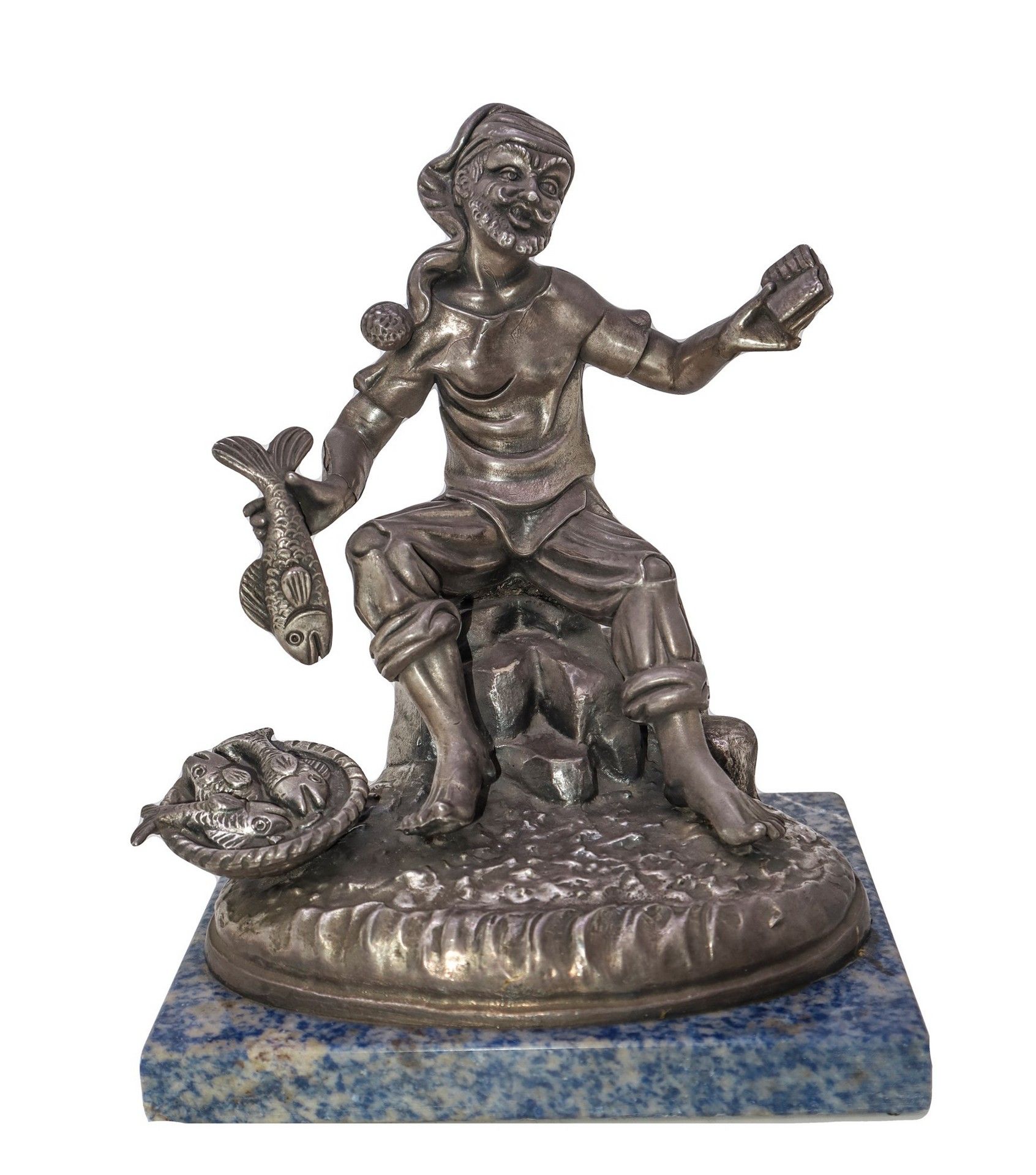 Null Fisherman H 21 cm, Sockel 17 x 14 cm Skulptur mit Silberfolie bedeckt, mit &hellip;