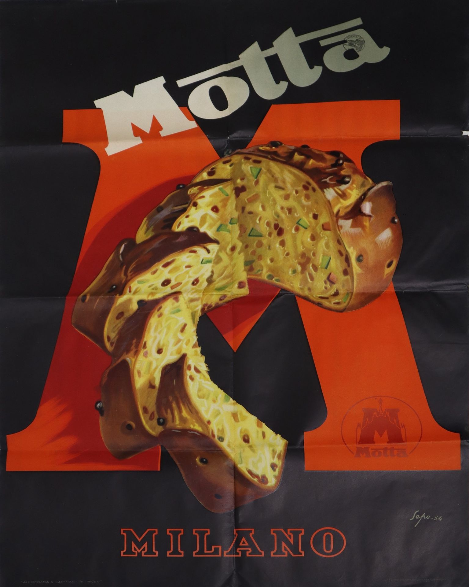 Severo Pozzati ''Sepo'' Panettone Motta广告海报，1934年，70厘米×100厘米，米兰，右下方有Sepo-34的签名。