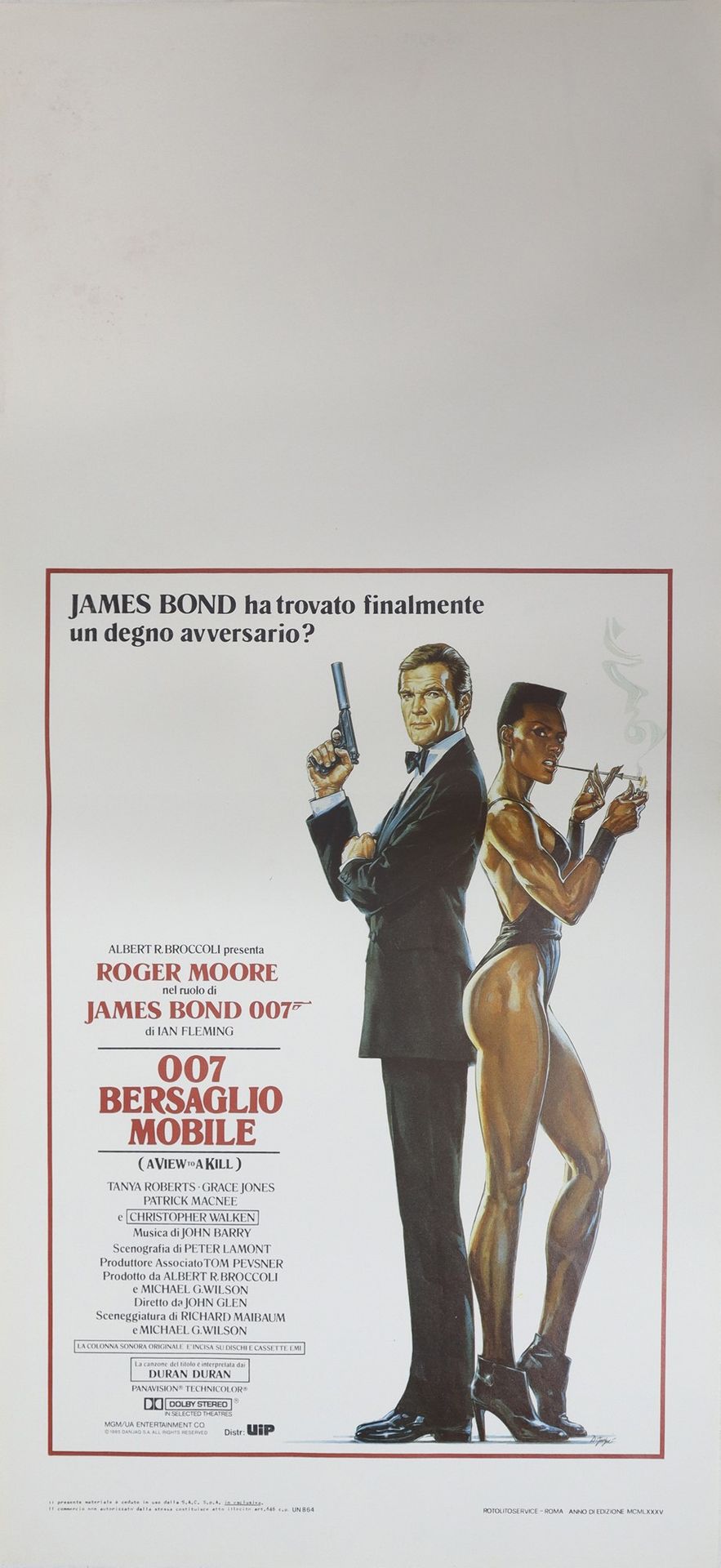 Null 电影海报 "007移动目标"，1985年，70厘米x33厘米，Rotolitoservice - 罗马，日期在右下角，使用痕迹正常。