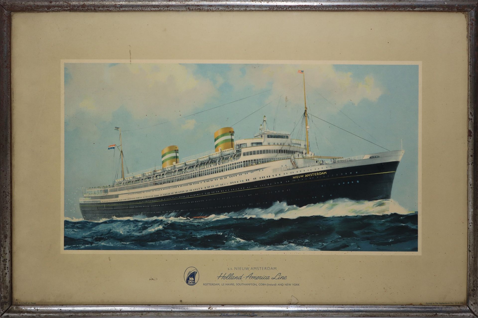 Null Carton Navire de croisière Holland America Lines, années 1950 h 34 cm x 52 &hellip;