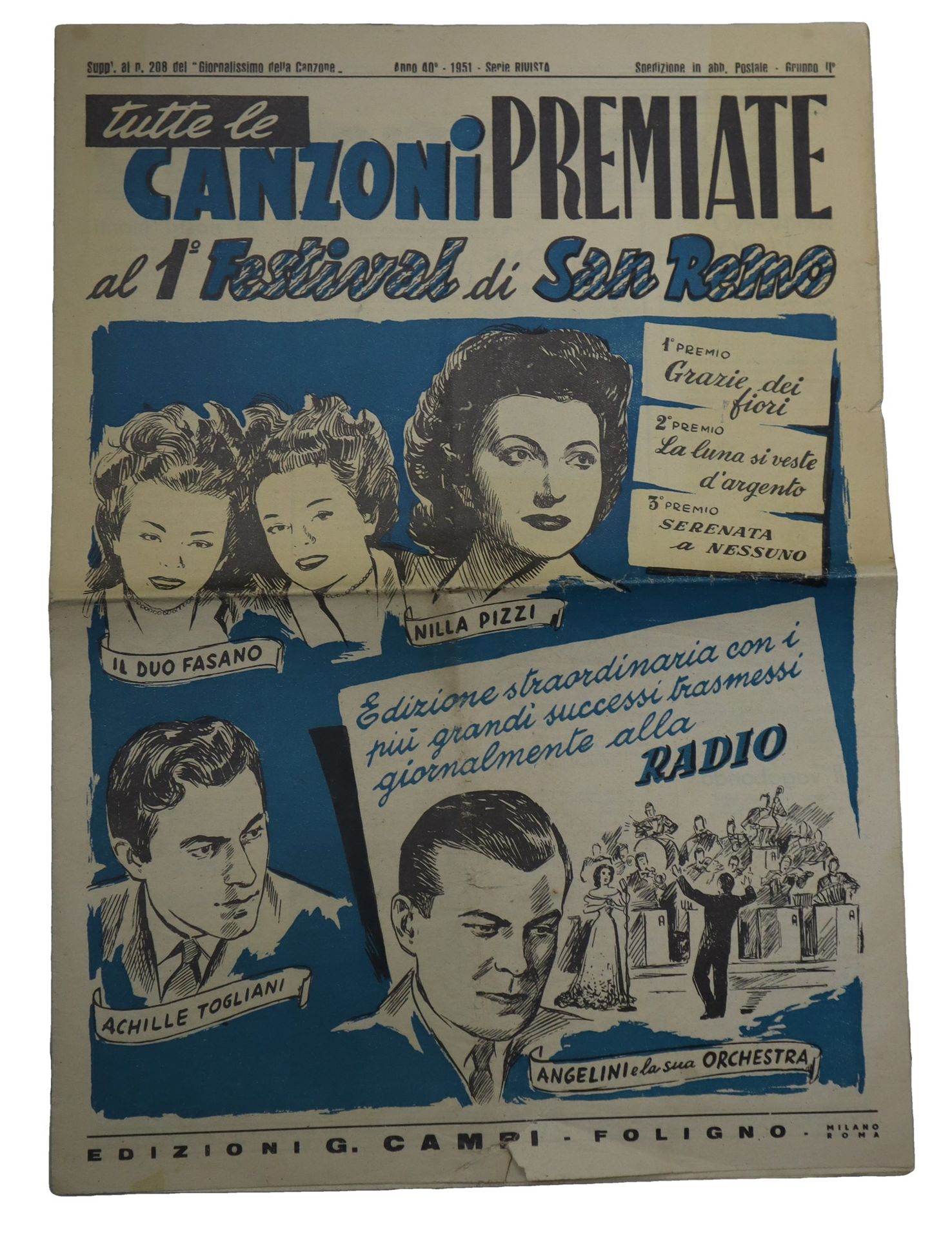 Null 在第一届圣雷莫音乐节上获奖的所有歌曲，1951年 35 cm x 25 cm 《Canzone日报》第208期的补编，中间有折叠，使用痕迹正常。