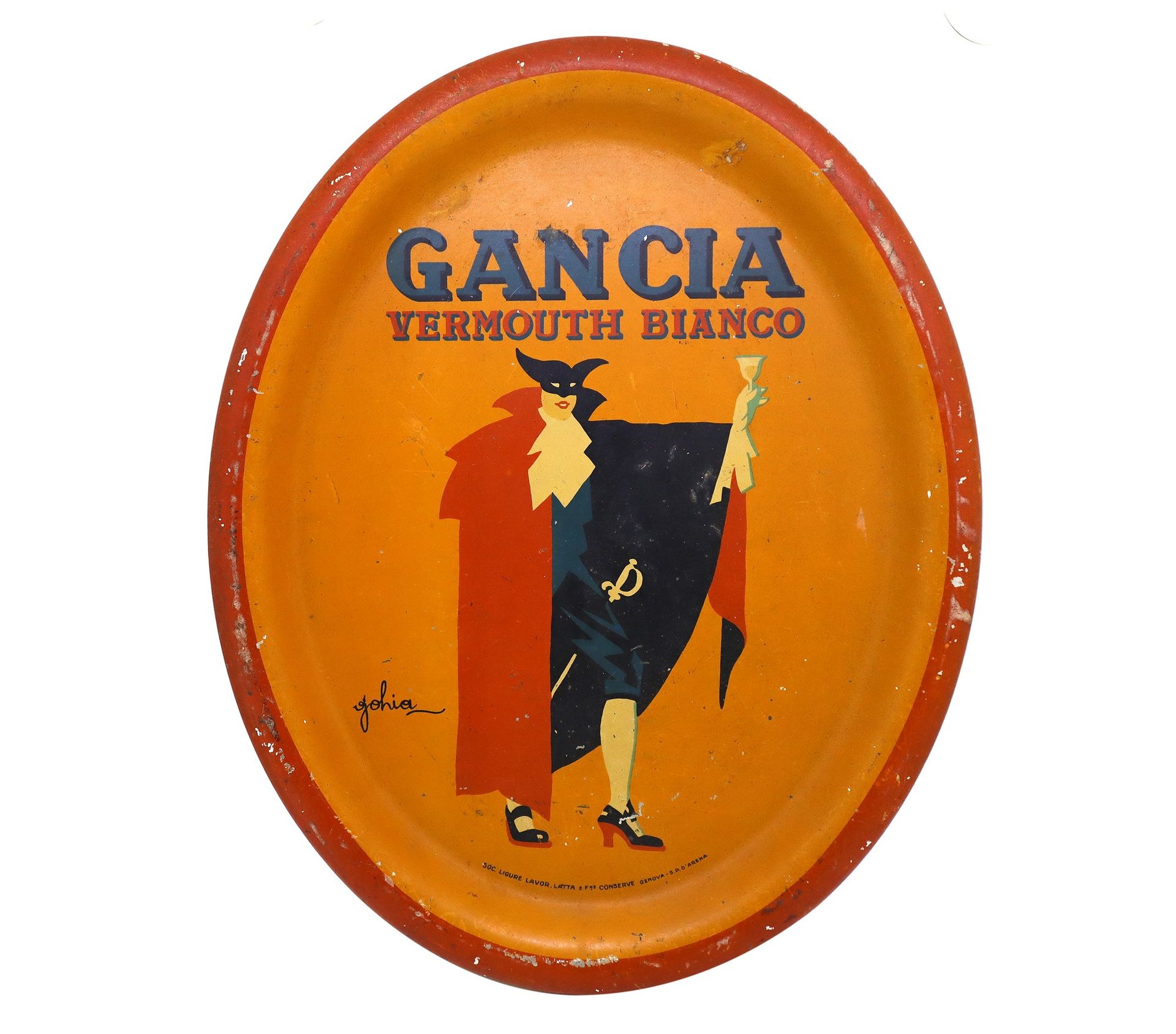 Null 椭圆形托盘 Gancia Vermouth Bianco , 20世纪20年代，最大直径36厘米，最小直径28.5厘米，左侧有Gohia签名。