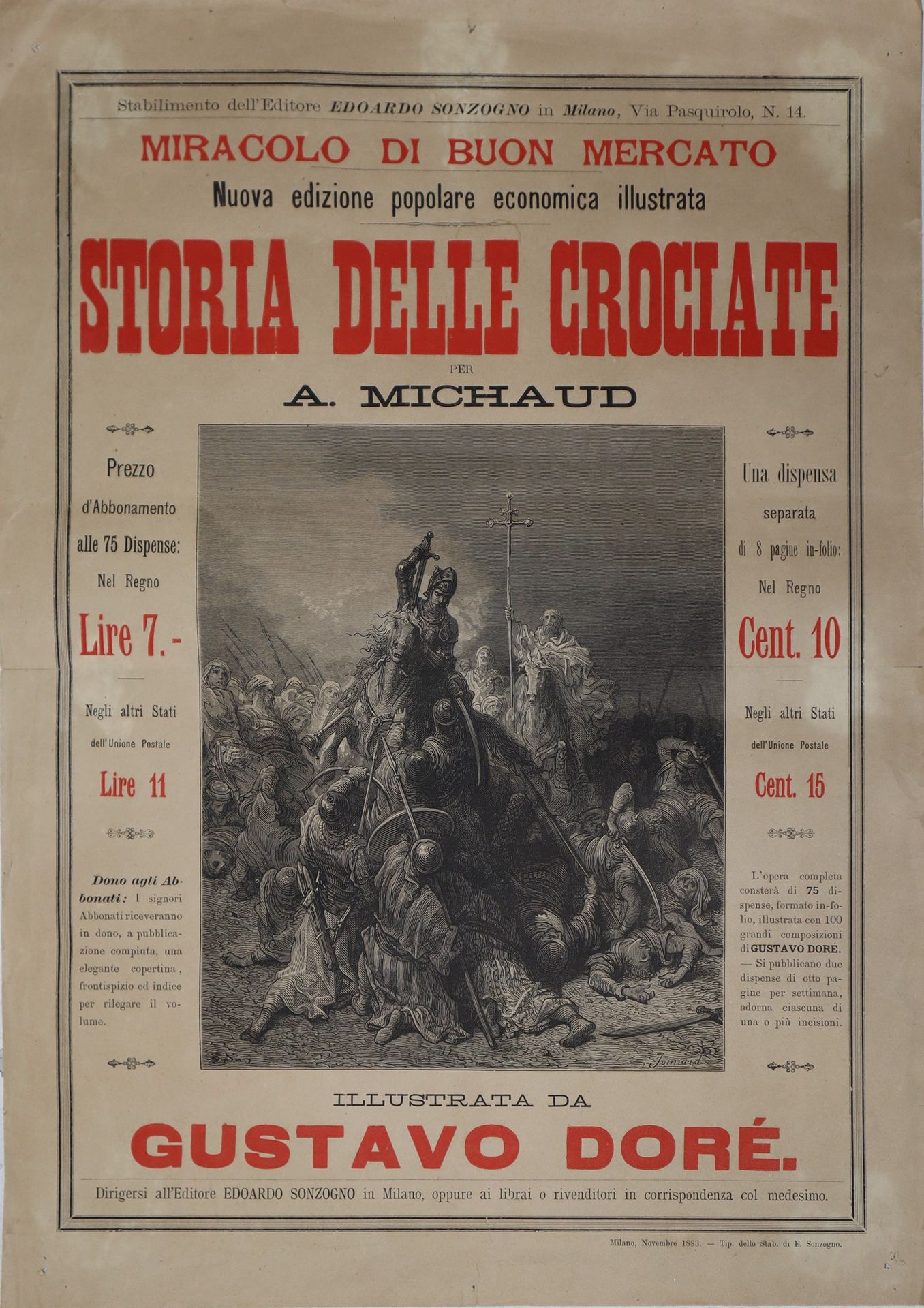 GUSTAVE DORÉ 广告海报《十字军东征史》，1883年，高50厘米x高35厘米，为A.Michaud，E.Sonzogno工厂的排版。