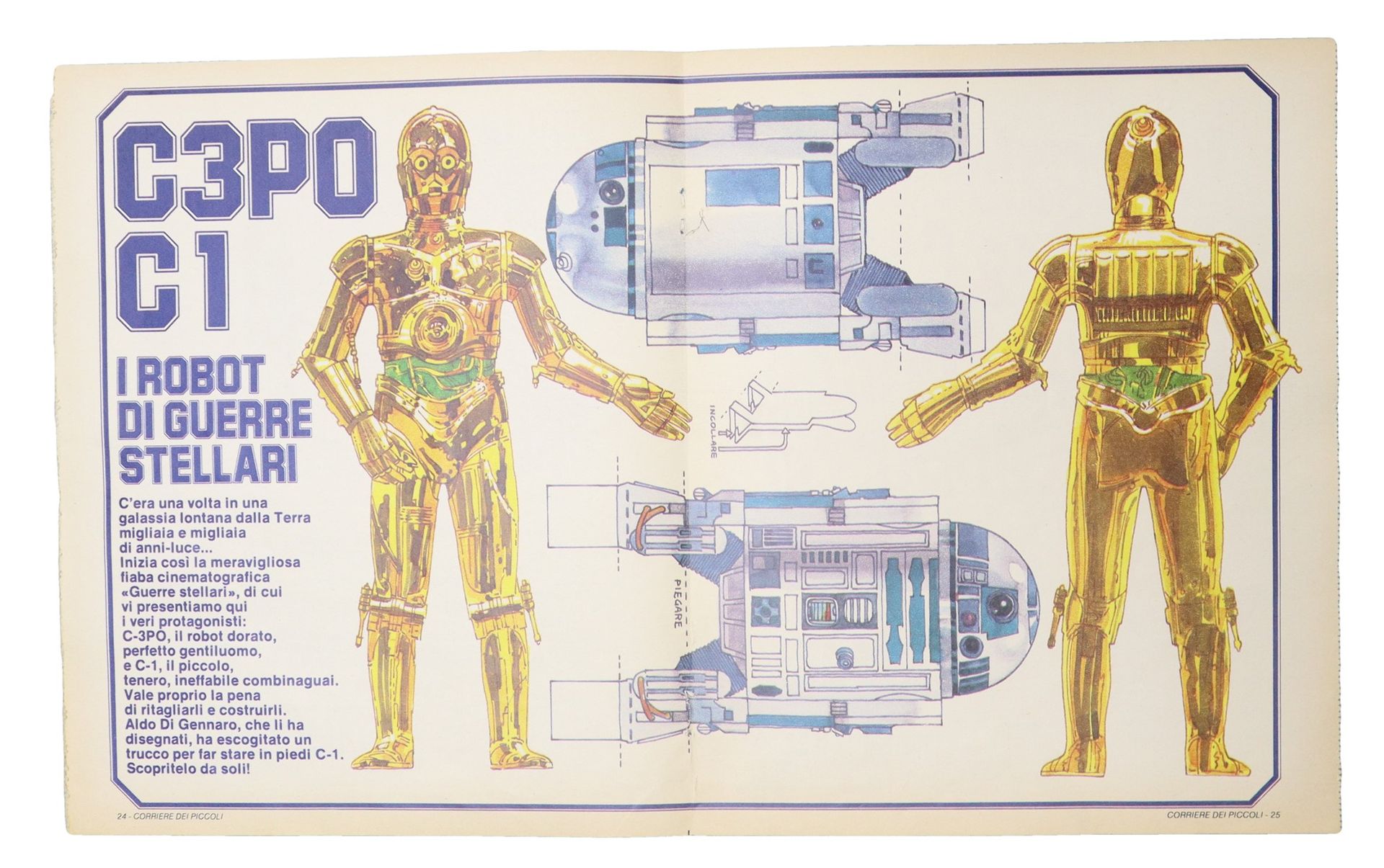 Null 星球大战》C3P0和C1海报，1977年 45cm x 28cm 附在杂志 "Corriere dei Piccoli "上的海报，有剪影。