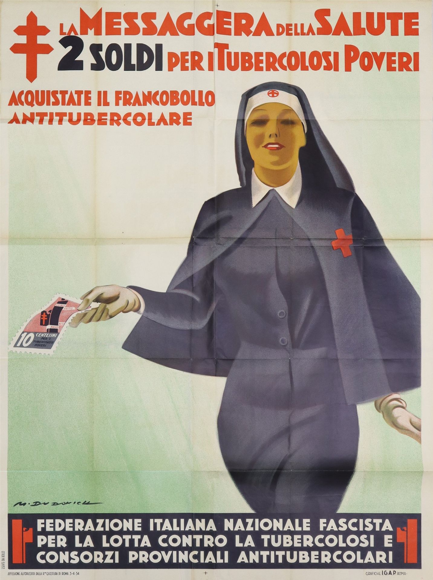 MARCELLO DUDOVICH 宣传宣言 "健康的使者"，1934年 h140 cm x 100 cm 左下角有签名，I.G.A.P. 罗马