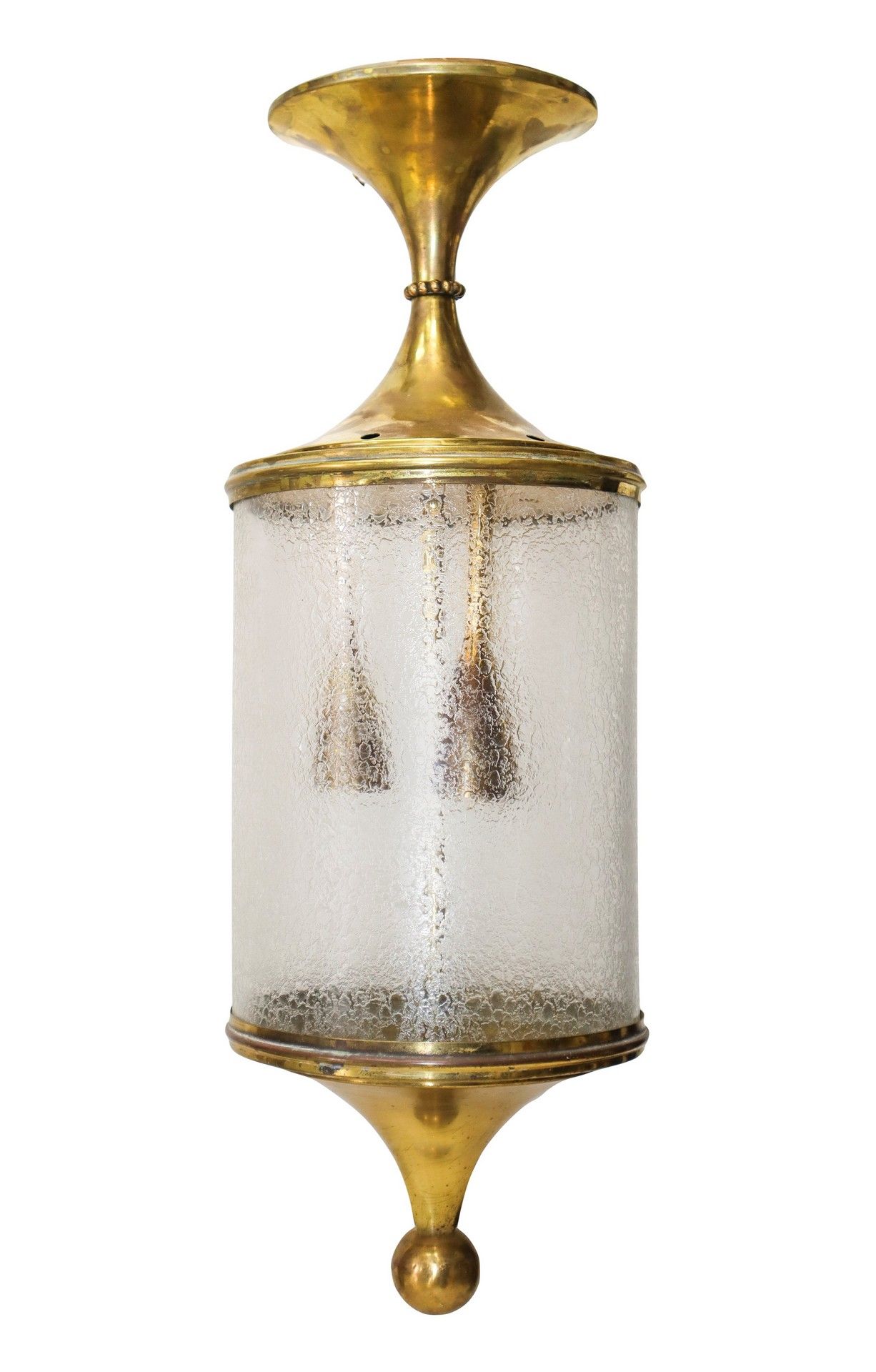 Lumi Milano (attribuito a) Lumi Milano（归属）--灯笼造型的吊灯 镀金的黄铜结构，酸洗的玻璃扩散器。氧化的迹象
