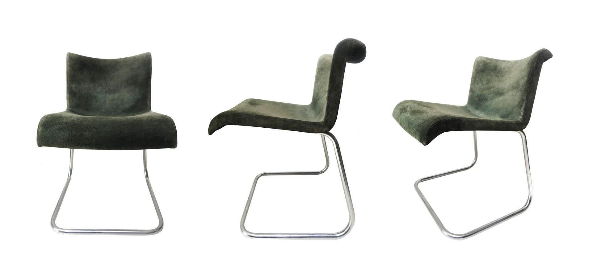 Null N 3把椅子，Sormani风格，归属于Claudio Salocchi h cm80x42x50 镀铬管状金属框架，ABS塑料外壳上覆盖着深绿色色调&hellip;