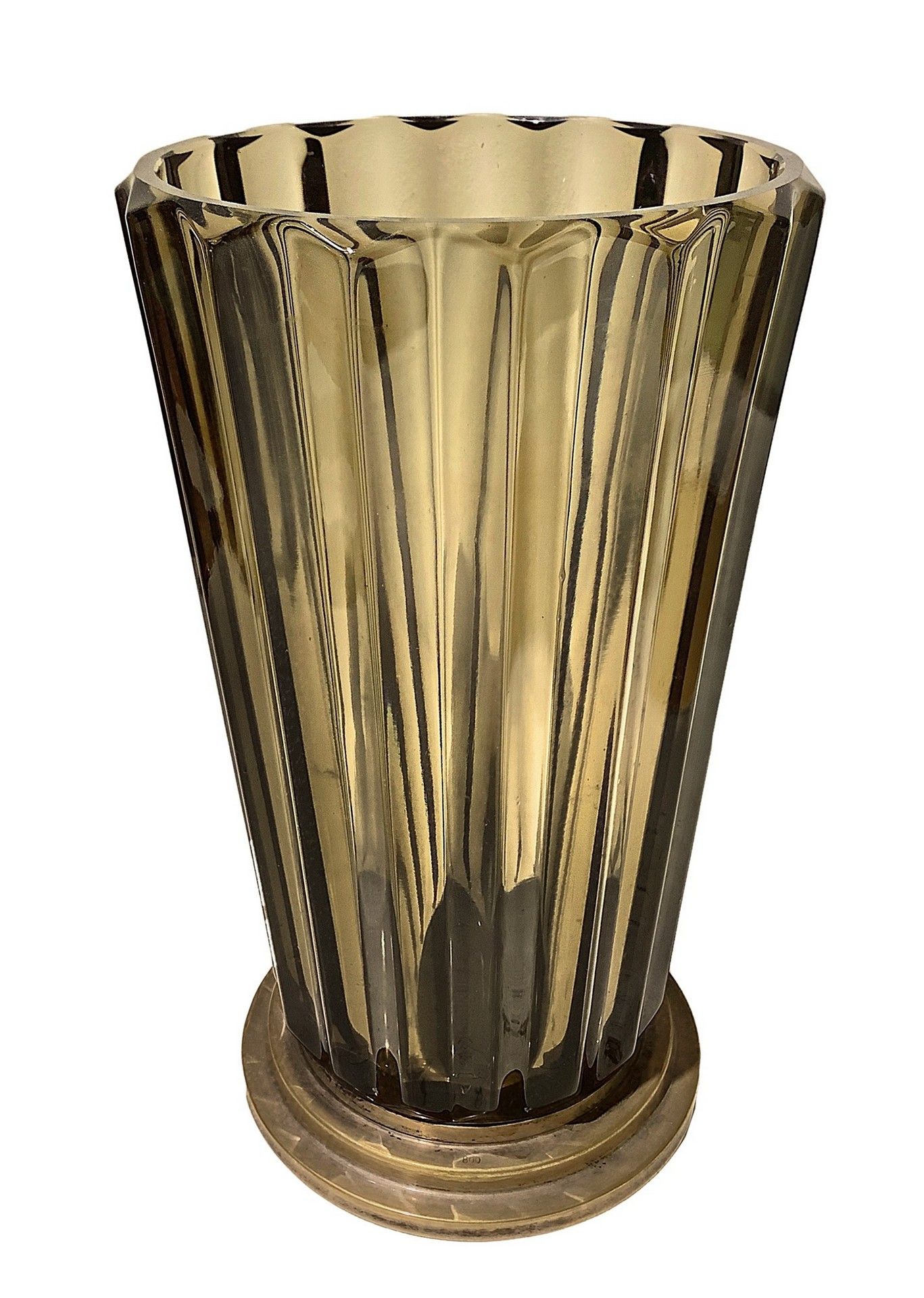 Null 凹槽玻璃花瓶，高27厘米，口17厘米，带圆形金属底座