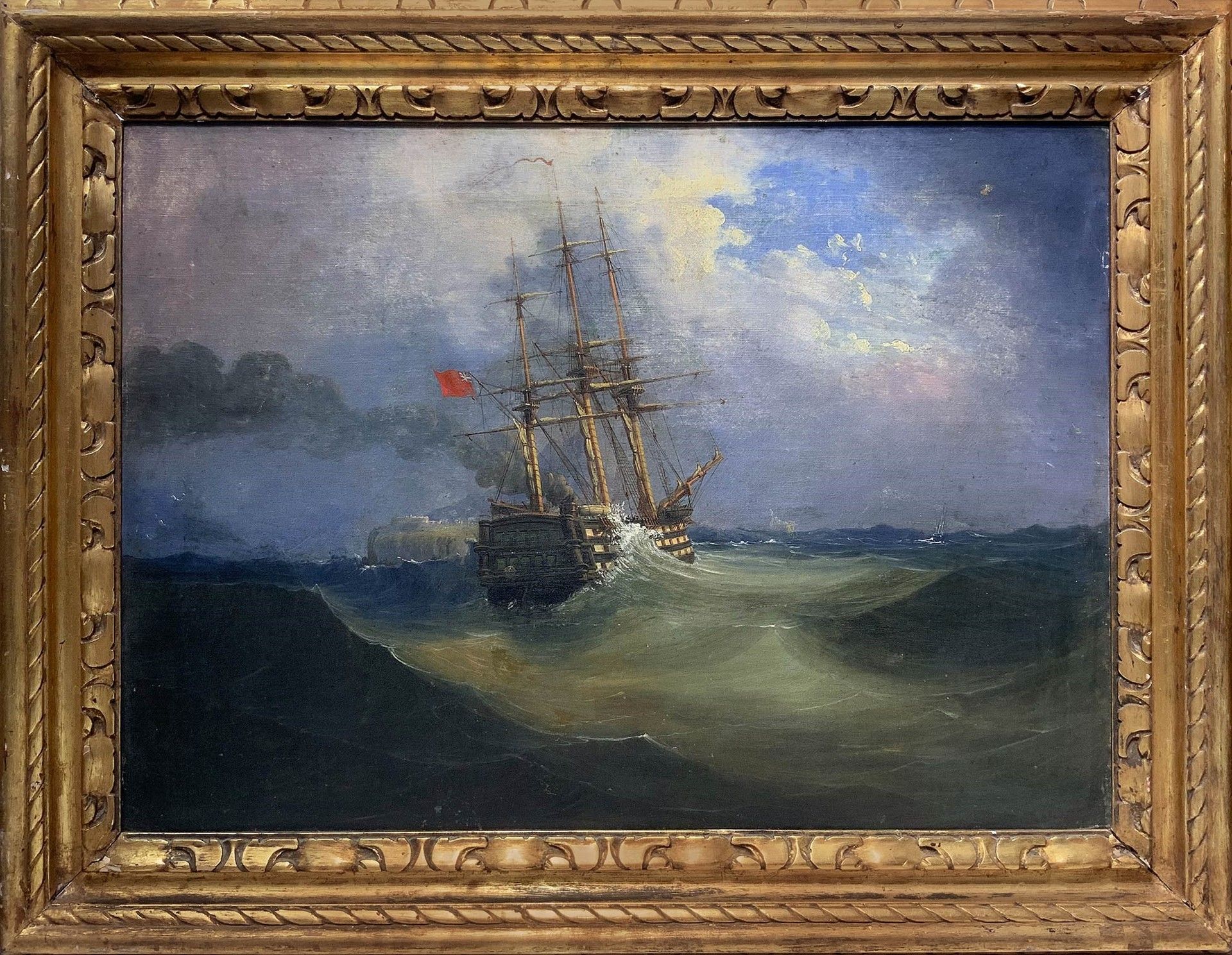 Null 十八世纪英国画家，三桅帆船，18世纪末 H 57x78 cm 布面油画 在被风吹动的黑暗水域中，部分被来自天空的微弱光线照亮，这个浪漫的海洋场景展示了&hellip;