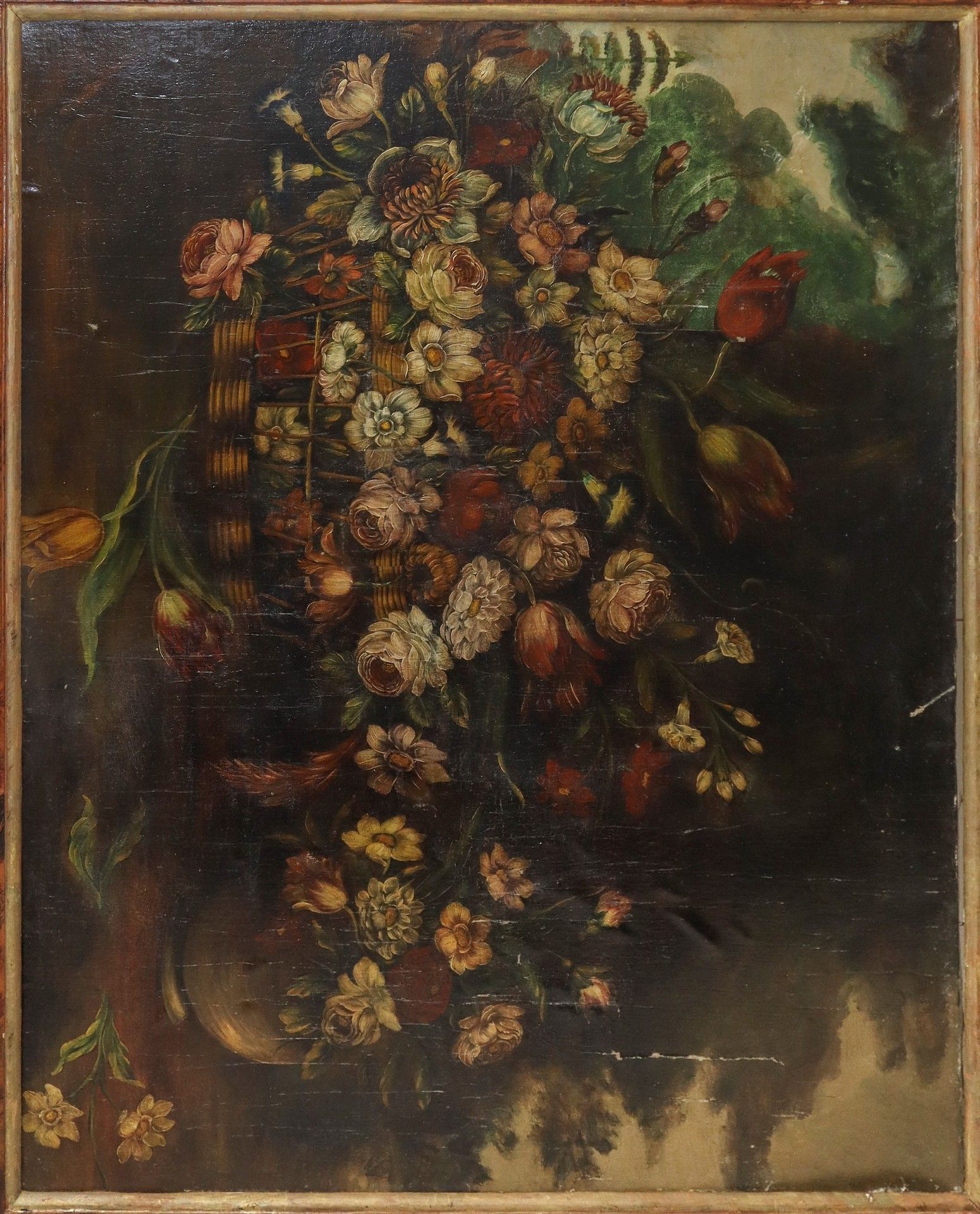 Null 篮子和花瓶中的花卉构图，19世纪画家h cm 81 x 101；框架h cm 101x121 布面油画