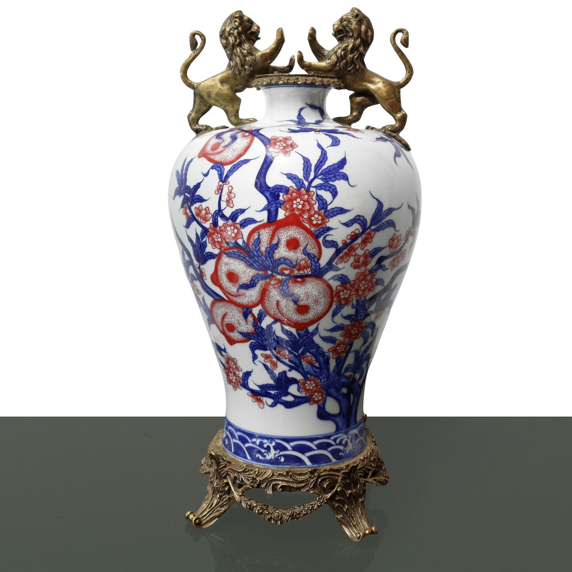Null Vaso in porcellana bianca con decorazioni in blu e pesche rosa, decorazioni&hellip;