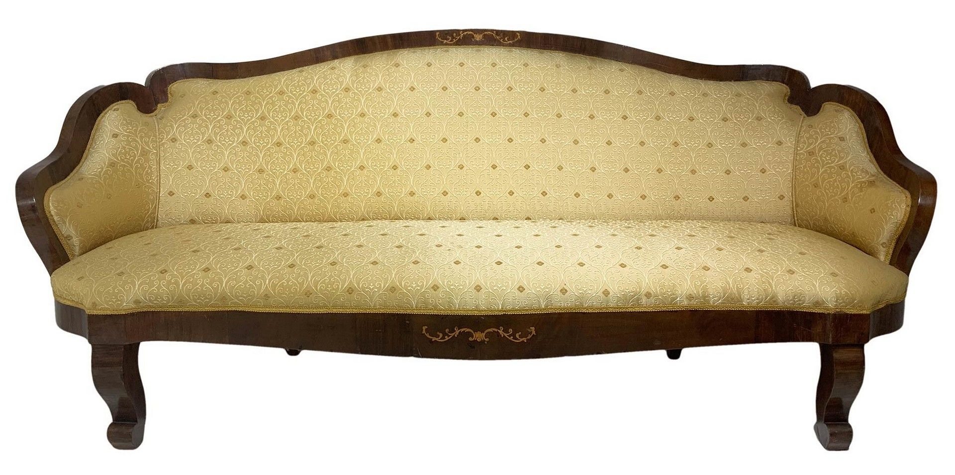 Null 座椅和靠背底部有中央镶嵌物的沙发，路易-菲利普，19世纪，高92厘米，宽210厘米，深70厘米。
