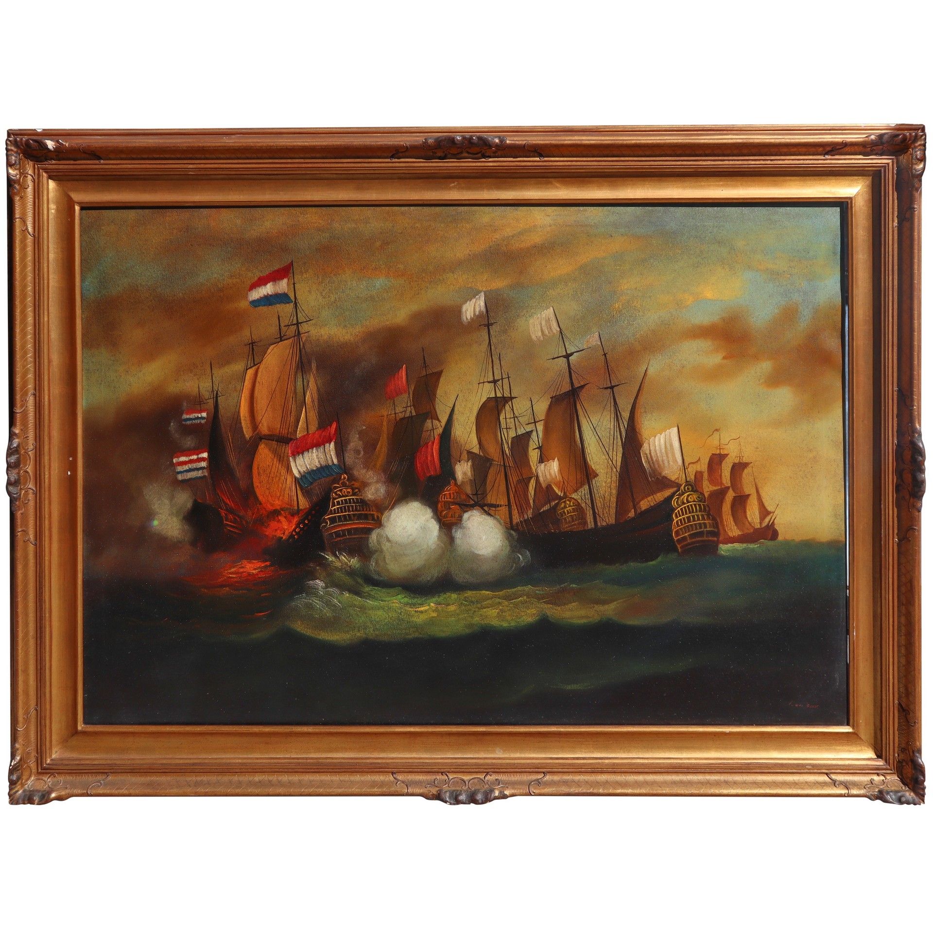 Null Battaglia navale fra galeoni, XIX secolo cm 100 x 149 in cornice cm 128 x 1&hellip;