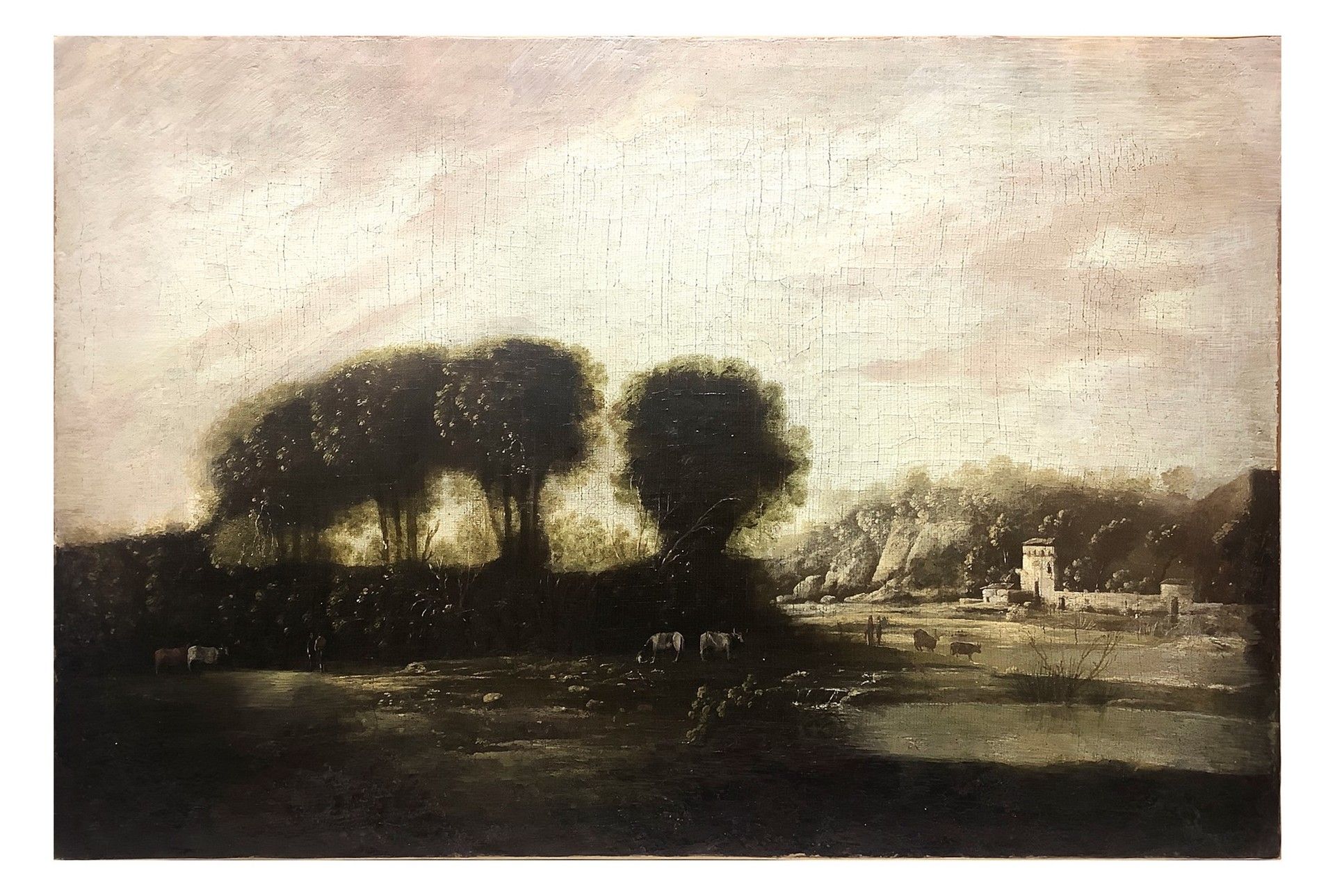 Null 带有湖边房子的布科勒风景，19世纪初 50x75厘米 布面油画 19世纪初意大利画家。小孔。古董收藏品 公证人Cav. Fazio。画的表面被一层氧化&hellip;