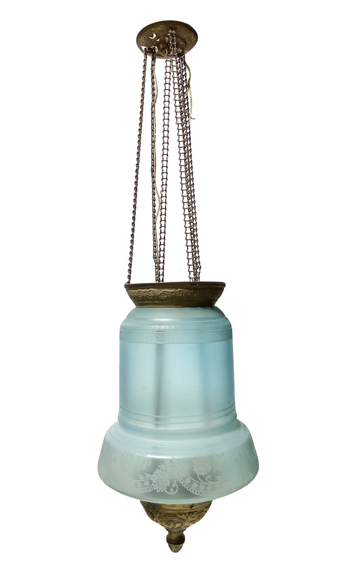 Null Brass and light blue glass lamp, Early 20th century h cm 70x25