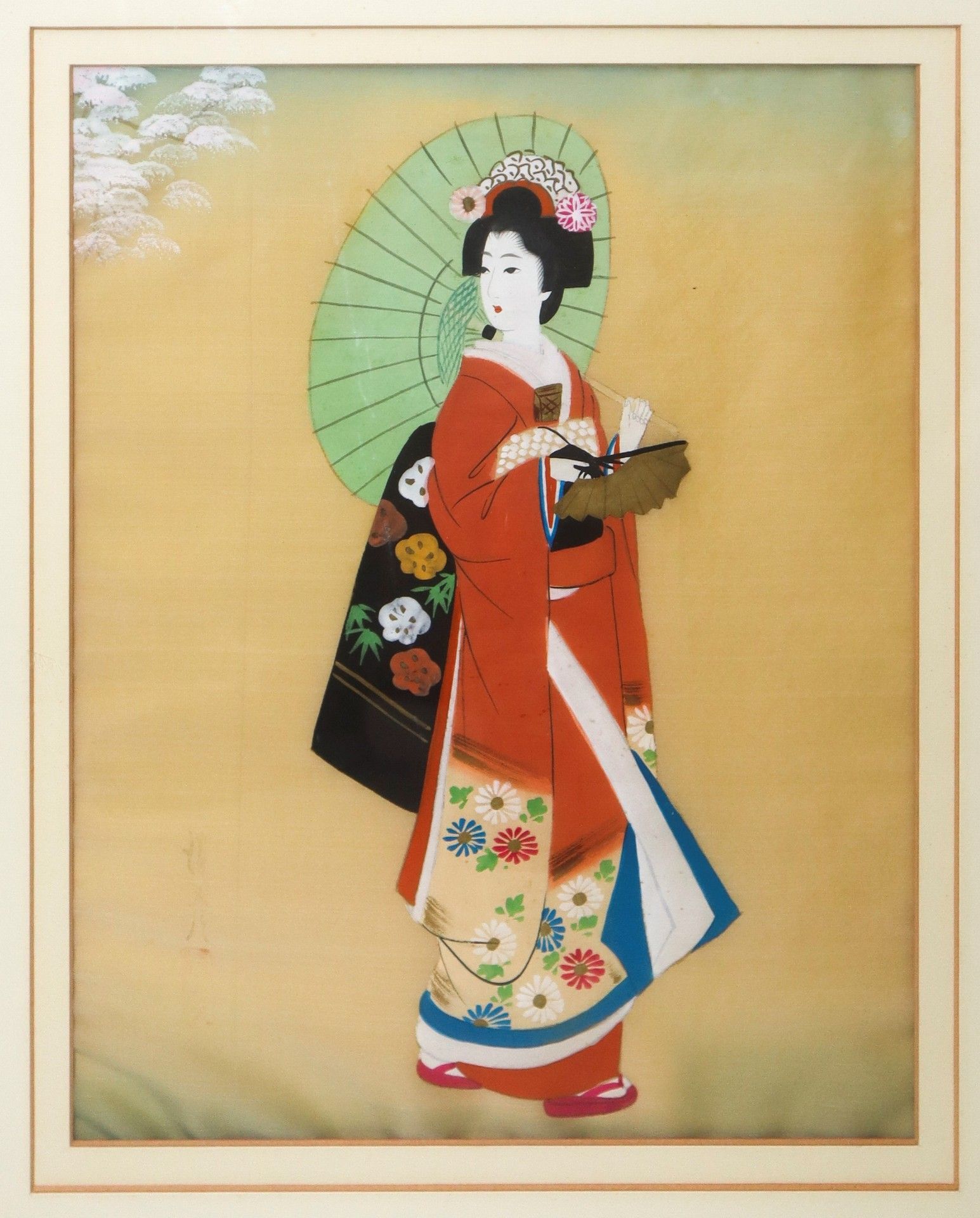 Null 身着传统服饰的艺伎，20世纪初 40厘米x35厘米，有框59厘米x51厘米 丝绸上的钢笔画 日本画家在左侧签名