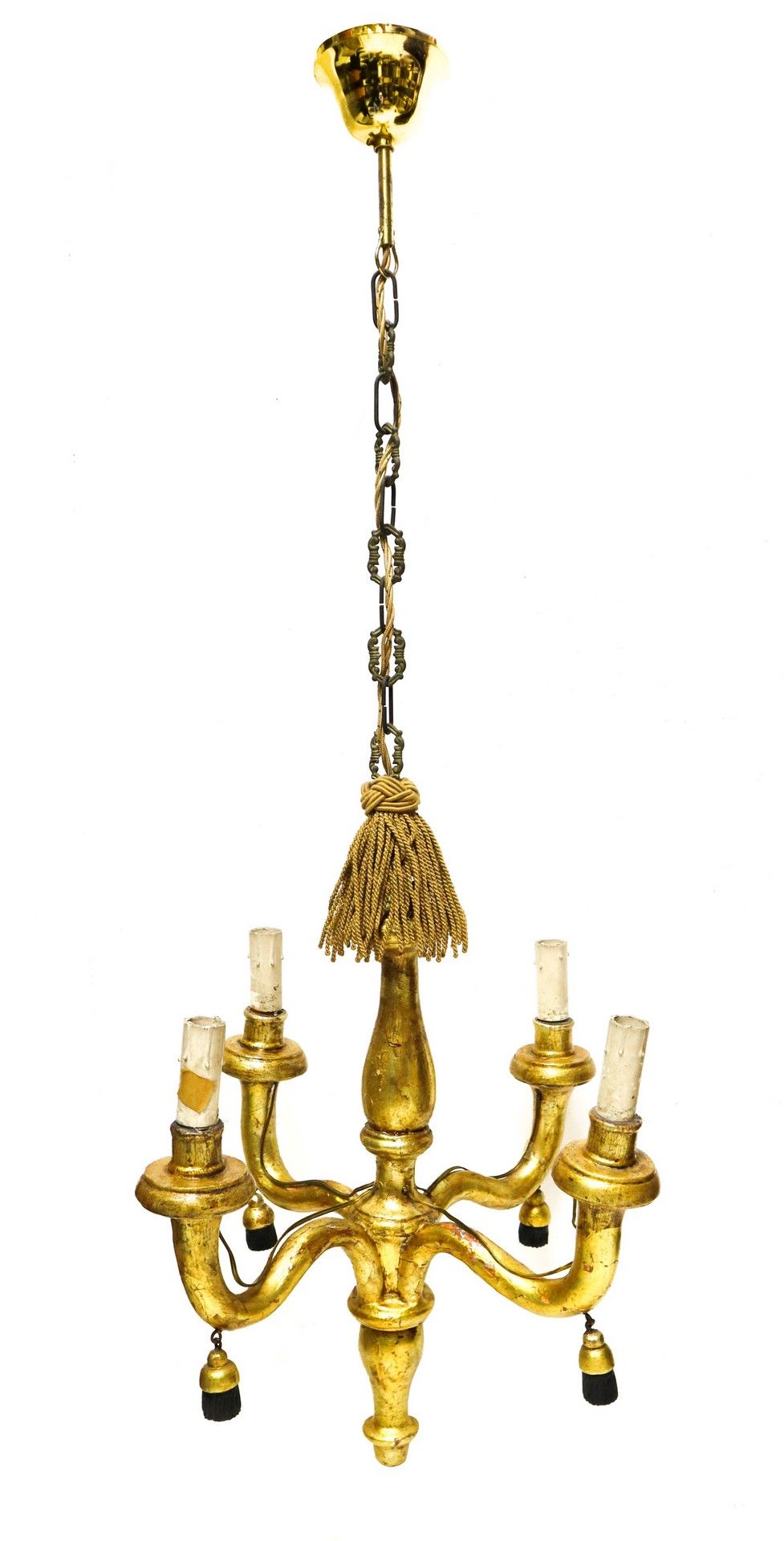 Null 古董镀金木制枝形吊灯，西西里，18世纪，高45厘米加链条x45厘米 四个灯，银色和机械的。