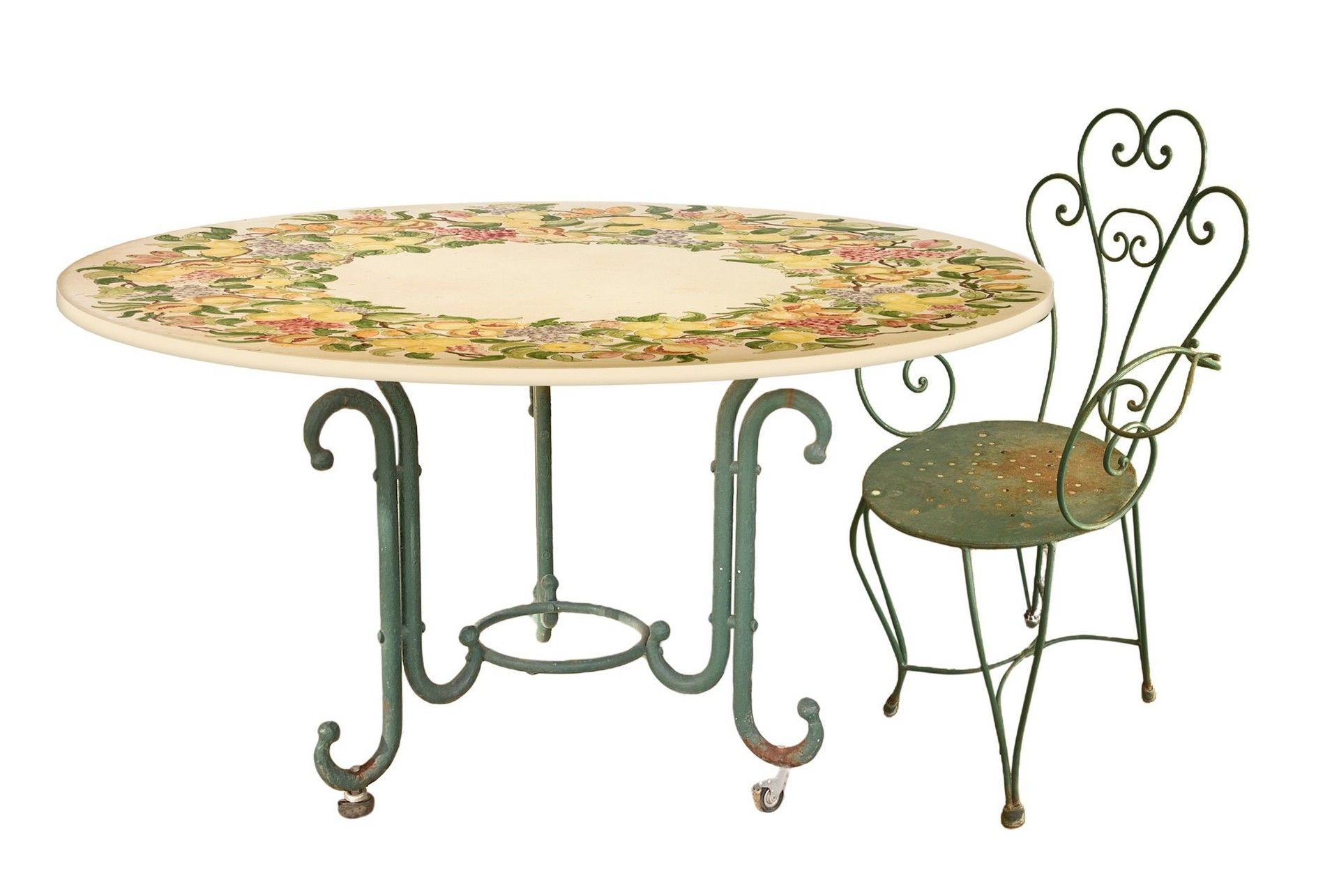 Null Table ronde en pierre de lave et 4 chaises en fer forgé, XXe siècle Table H&hellip;