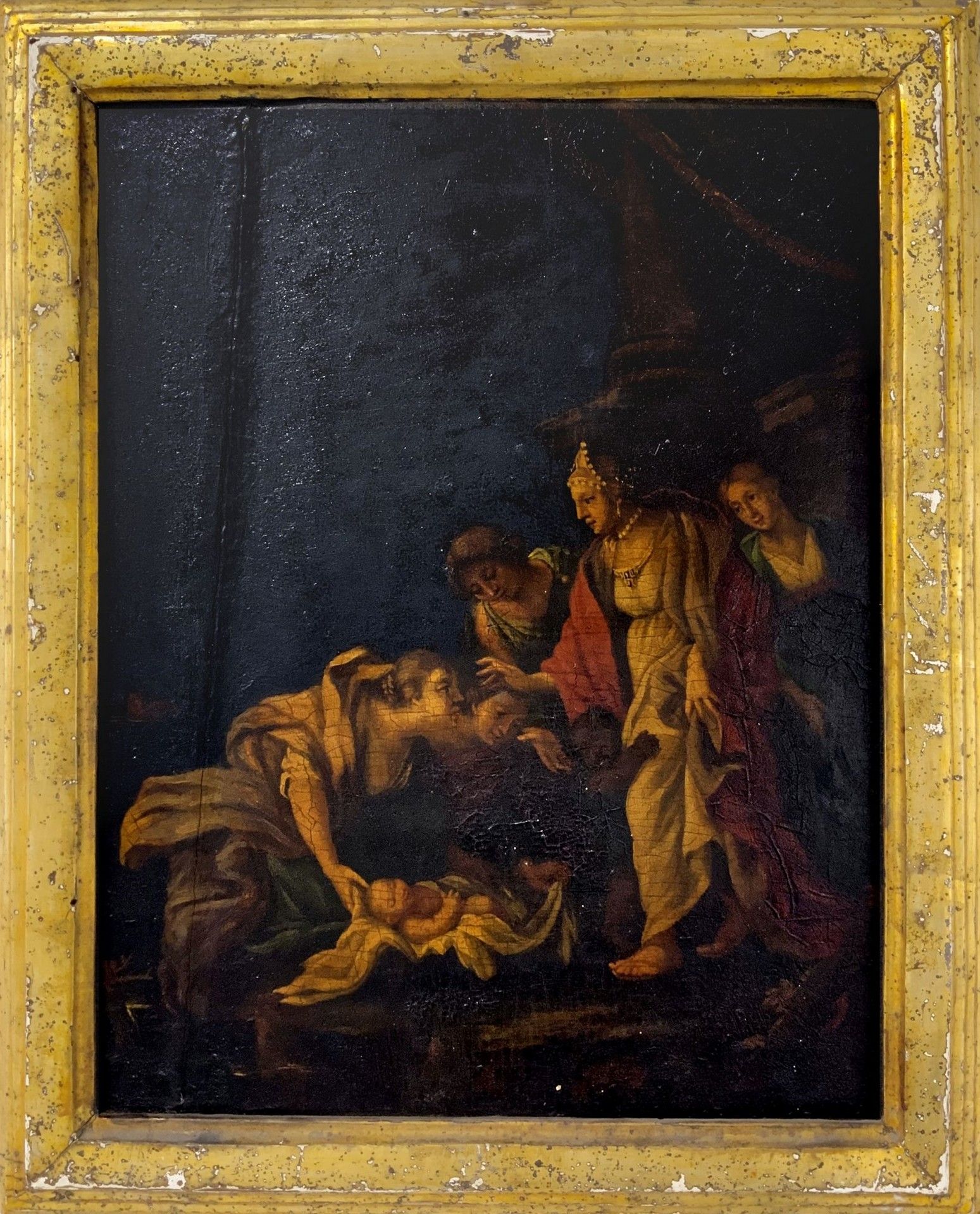Null 摩西的发现，18世纪 36x28厘米板面油画 
来自公证人Cav.Fazio的古老收藏。画的表面有一层氧化发黄的清漆。
