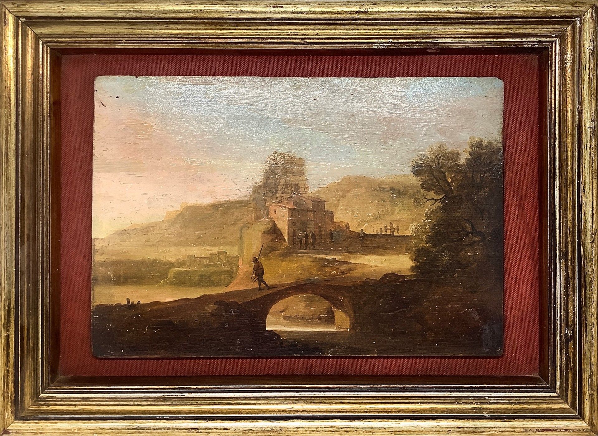 Null 有小桥流水的风景，18世纪 19x29厘米 板上油画 18世纪意大利画家。公证人Cav.Fazio的古老收藏。画的表面因存在一层氧化和发黄的清漆而受到&hellip;