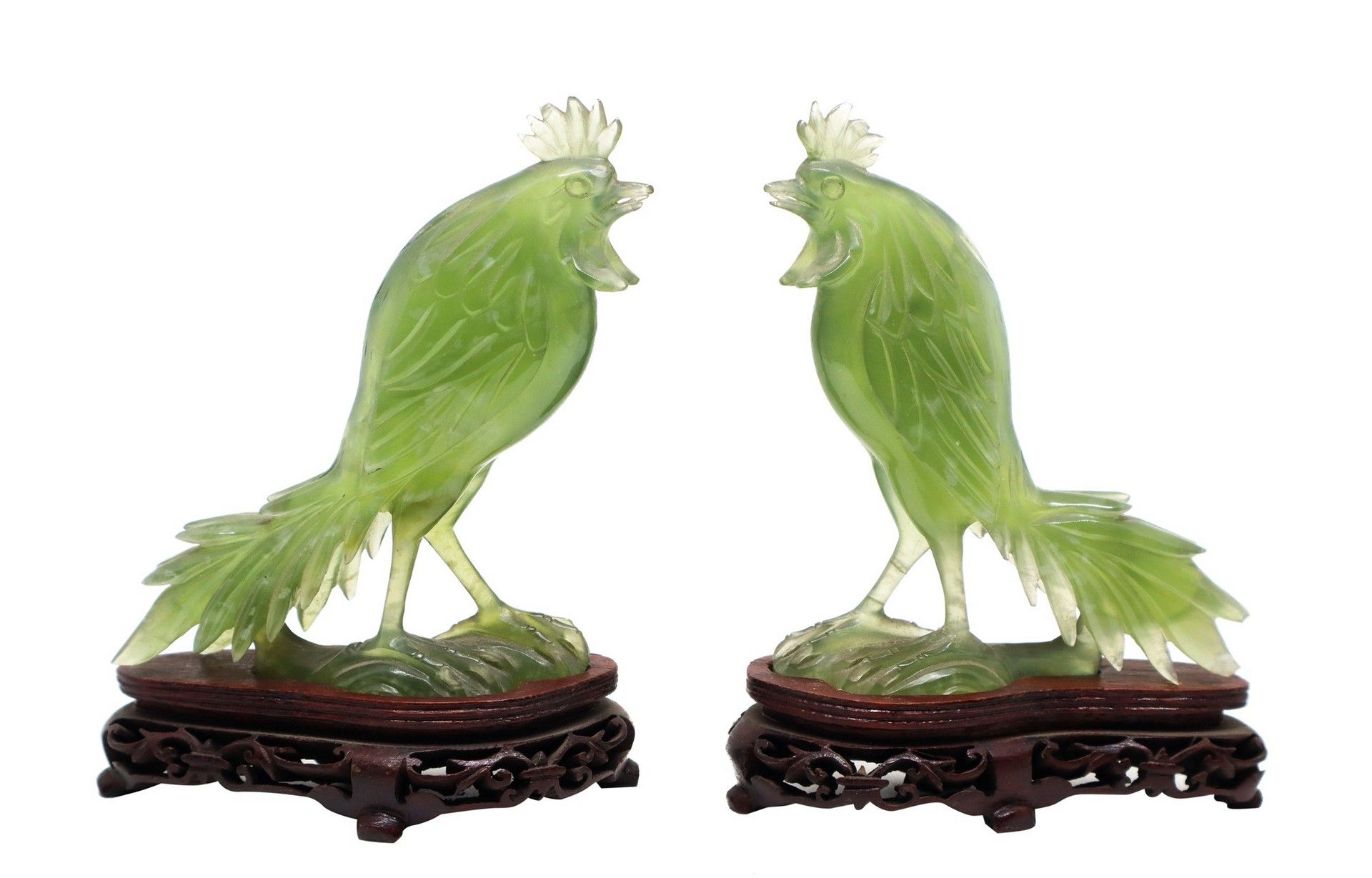 Null Green jade sculptures depicting hens h.10In one: minimal chipping near the &hellip;