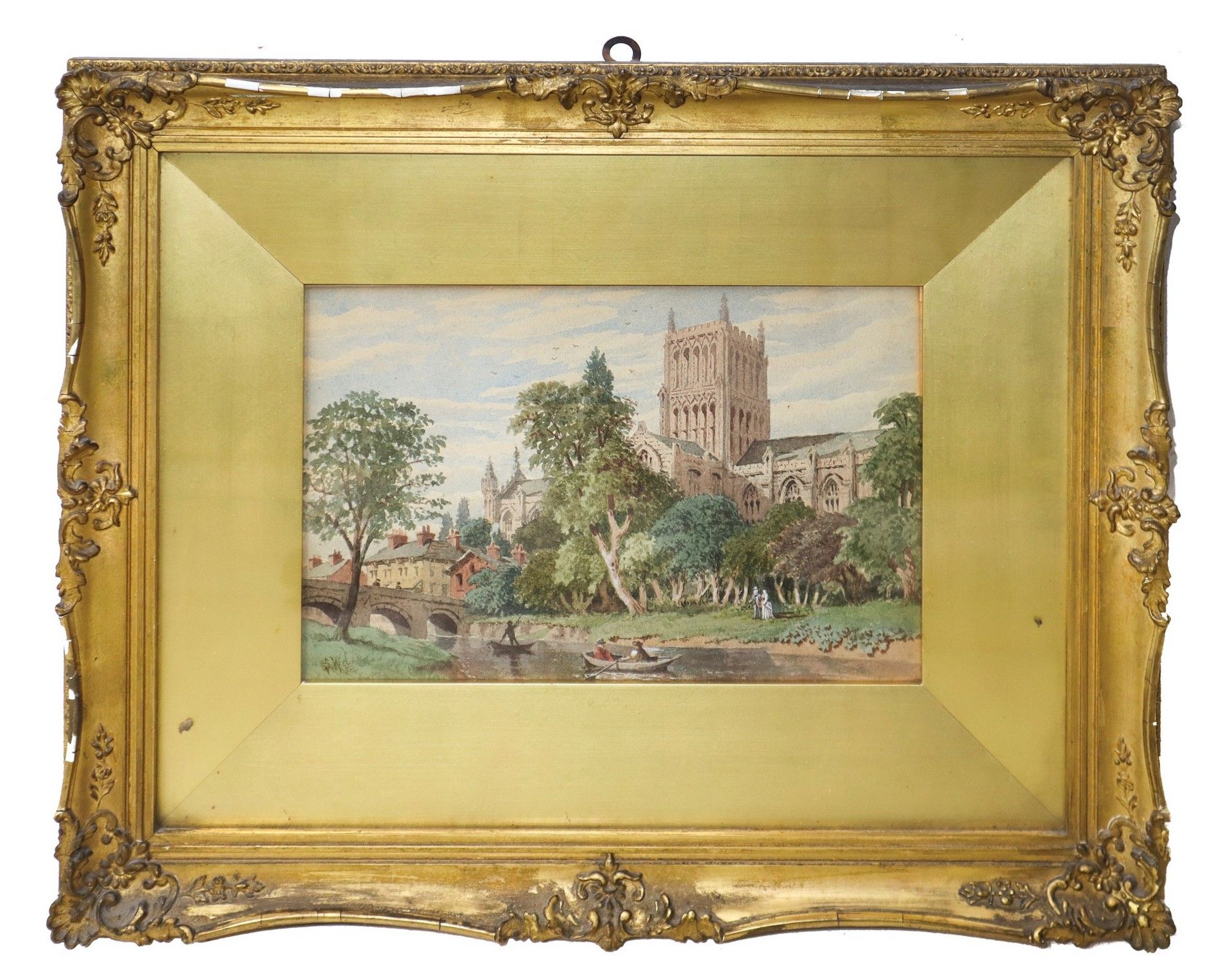 Null 河流上的大教堂景观，18世纪 H cm 19x28 in frame 38x47 纸上水彩画，左下角署名S.W.D. 在镀金的木框中