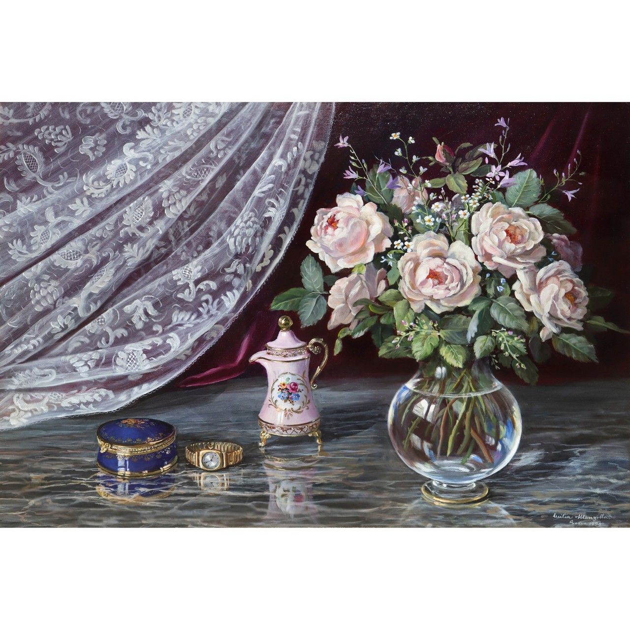 Null Vase avec fleurs et rideau cm 50x70 dans cadre cm 75x95 Huile sur toile Sig&hellip;