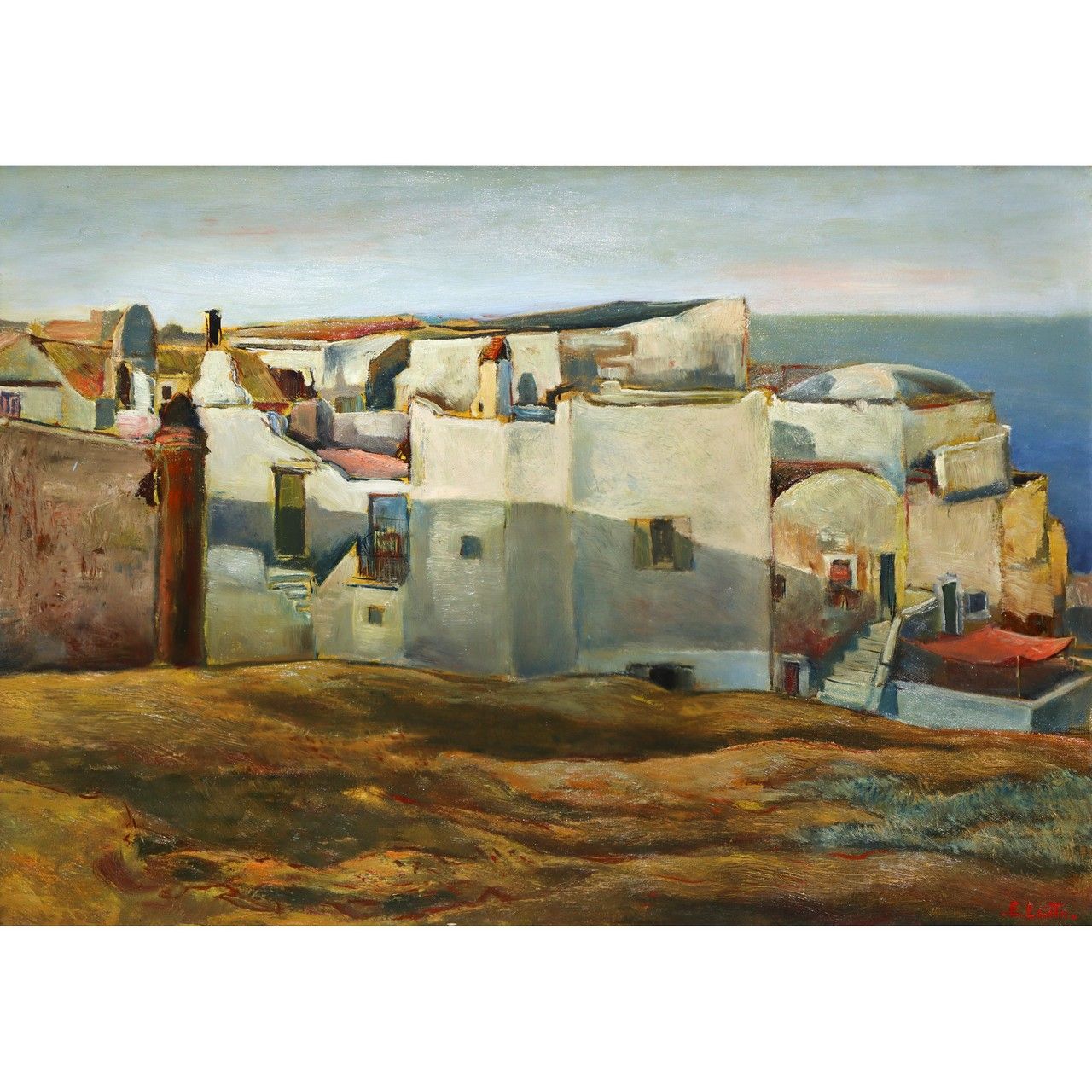 Eligio Egitto Eligio Egitto (Messina 1933) - Paysage avec maisons sur la mer H c&hellip;