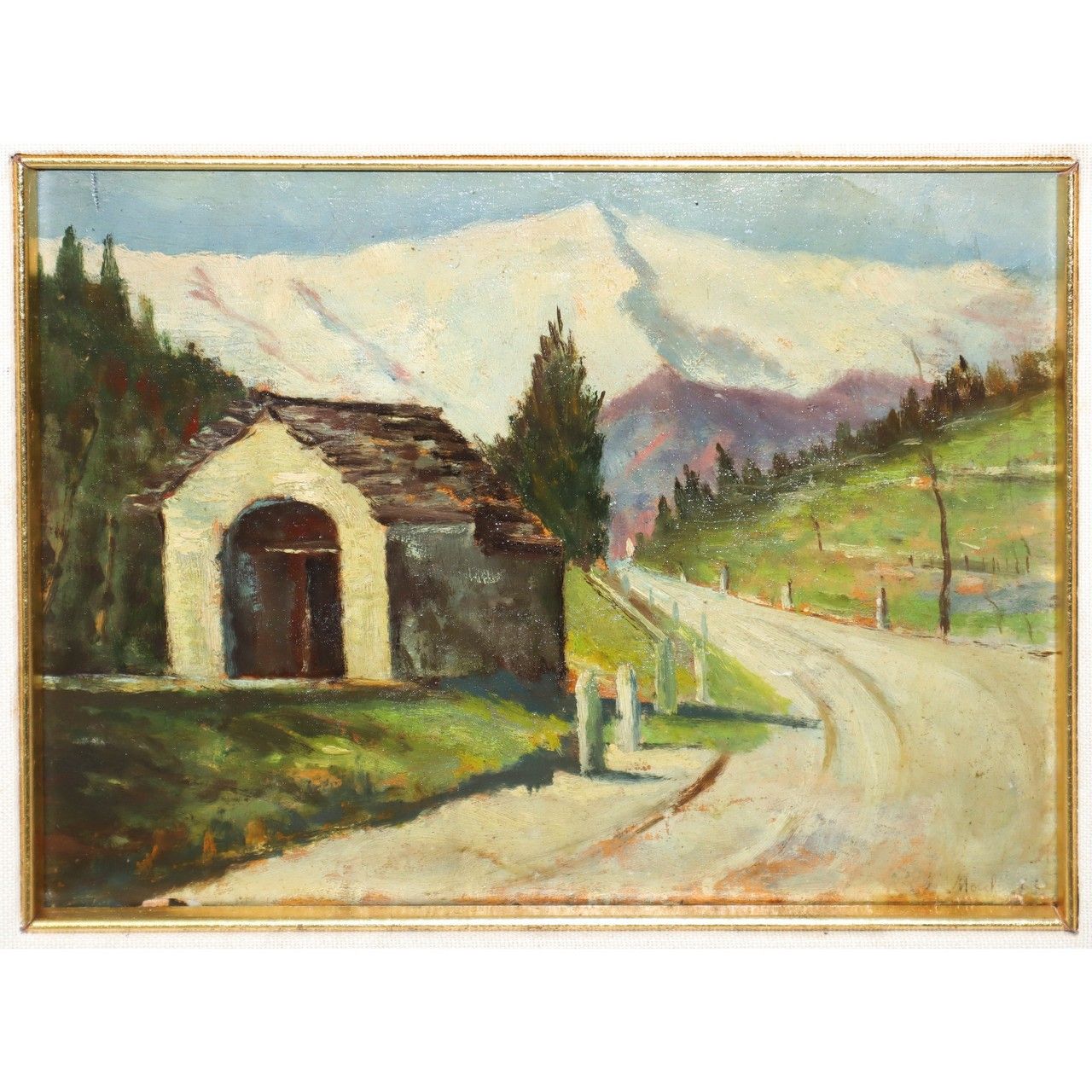 Null Paysage de montagne avec maison, 1964 cm 17x23, dans un cadre cm 32x38 huil&hellip;