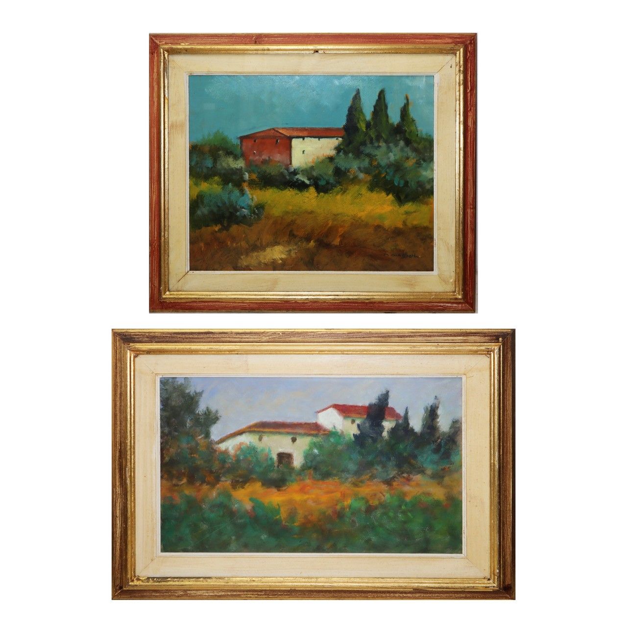 Null Paire de tableaux, Paysage de campagne avec maisons h 32 x 50 cm, encadré 4&hellip;