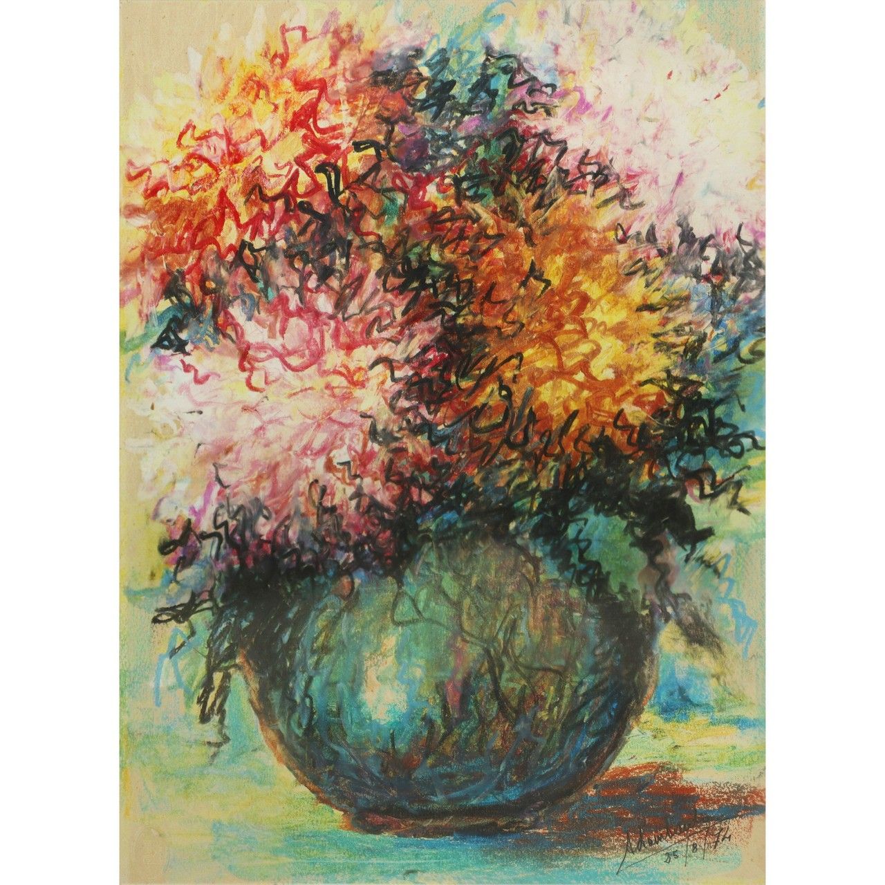 Null Vase avec fleurs colorées, 1974 H cm 45x30 - dans cadre H cm 65x51 Pastel s&hellip;