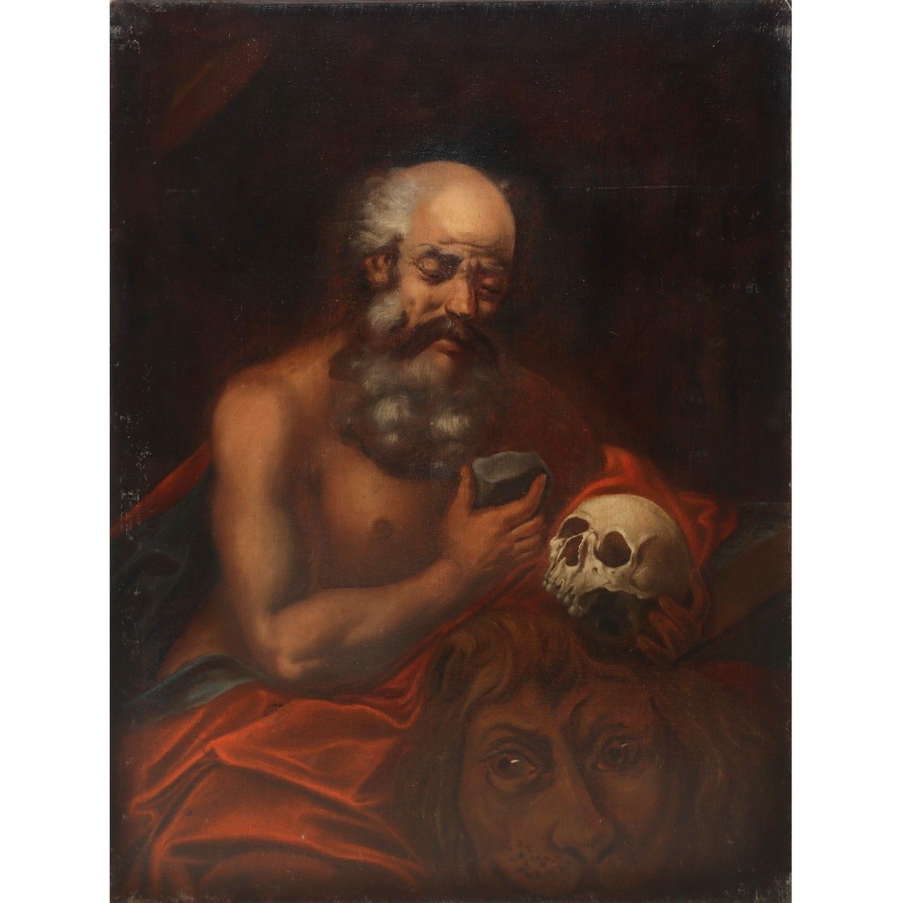 Null St. Jerome with skull and lion painting, 17th century H cm 103x75 Oil on ca&hellip;