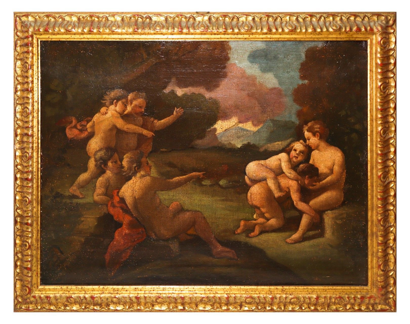 Null Putti play, Painter of the late 18th century H cm 37 x 49; in frame H cm 45&hellip;