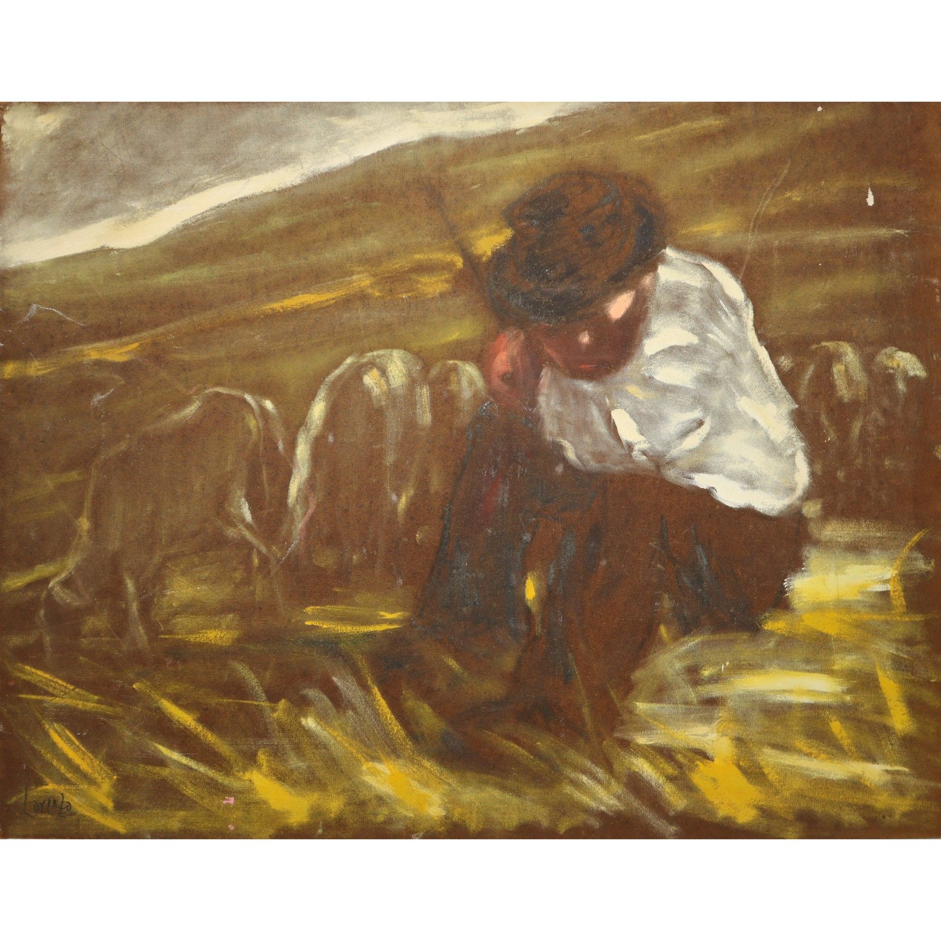 Albino Lorenzo 阿尔比诺-洛伦佐（特罗佩阿，1922-2005 年）--农民，60/70 年代 高厘米 100x70 石灰岩上的油画 
背面有画家&hellip;