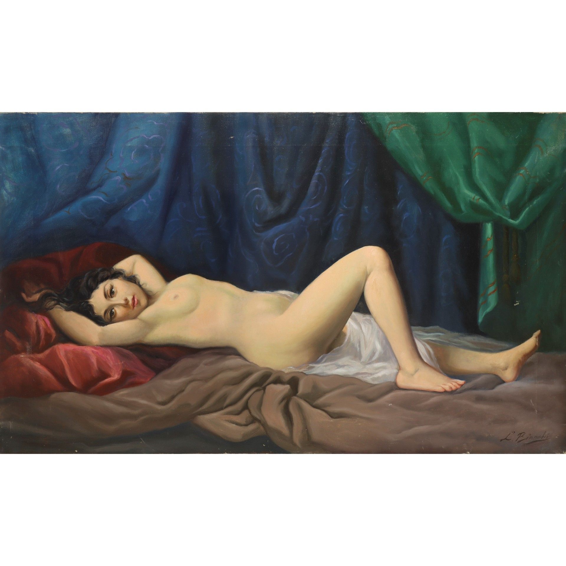 Luigi Bianchi Luigi Bianchi - 躺在多色织物中的女性裸体，20 世纪早期 H cm 60x100 布面油画