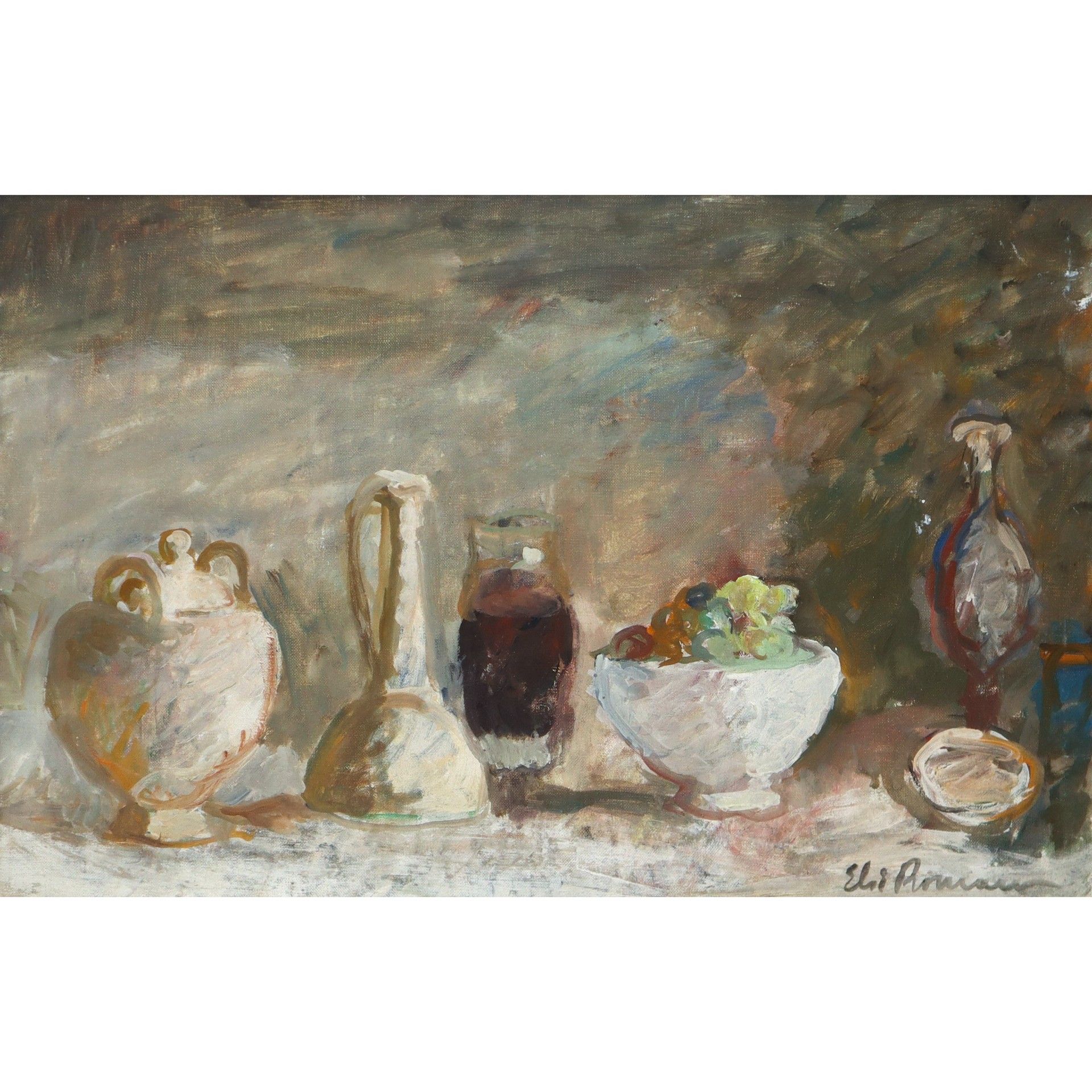 Elio Romano 埃利奥-罗马诺（1909-1996 年，特拉帕尼）--带酒壶的静物 高厘米 39.5 x 60；（有框）高厘米 63 x 84 帆布油画&hellip;