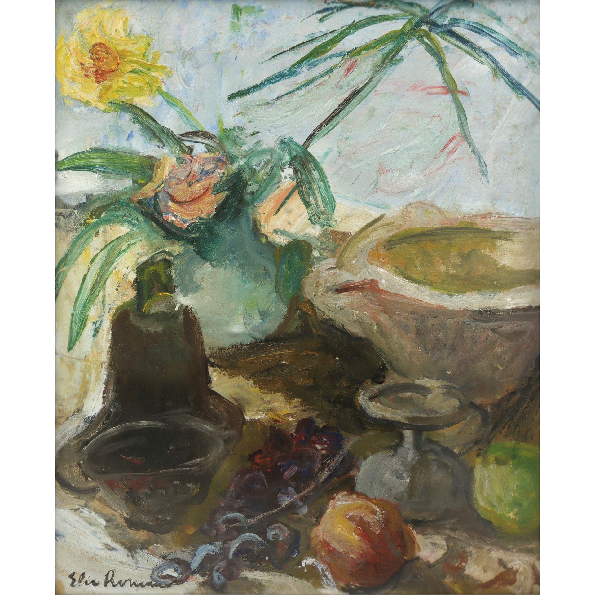 Elio Romano Elio Romano (Trapani 1909-Catane 1996) - Vase avec fleurs, bouteille&hellip;