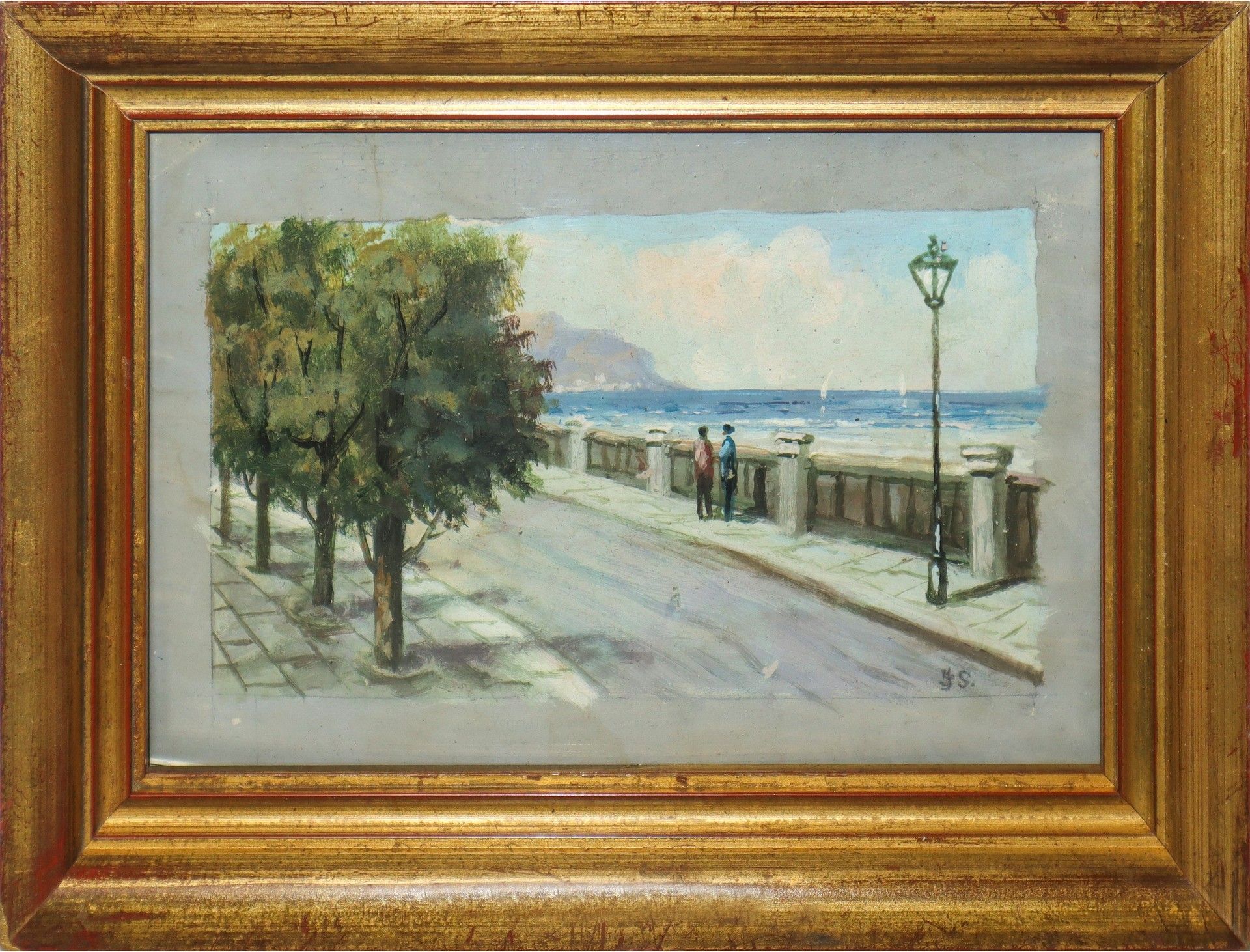 () 巴勒莫海岸与佩莱格里尼诺山，20 世纪初 高厘米 11x19.7 - 画框高厘米 20x29 卡隆奇诺水彩画