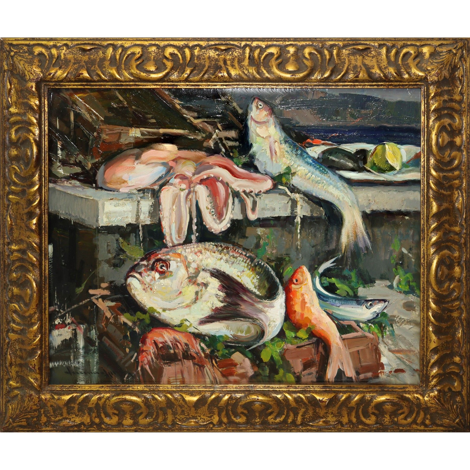Vincenzo Aprile 文森佐-阿普里尔（那不勒斯，1952 年）--鱼 H 厘米 50 x 40，（有框）厘米 53 x 63 木板油画 正面左下方有&hellip;