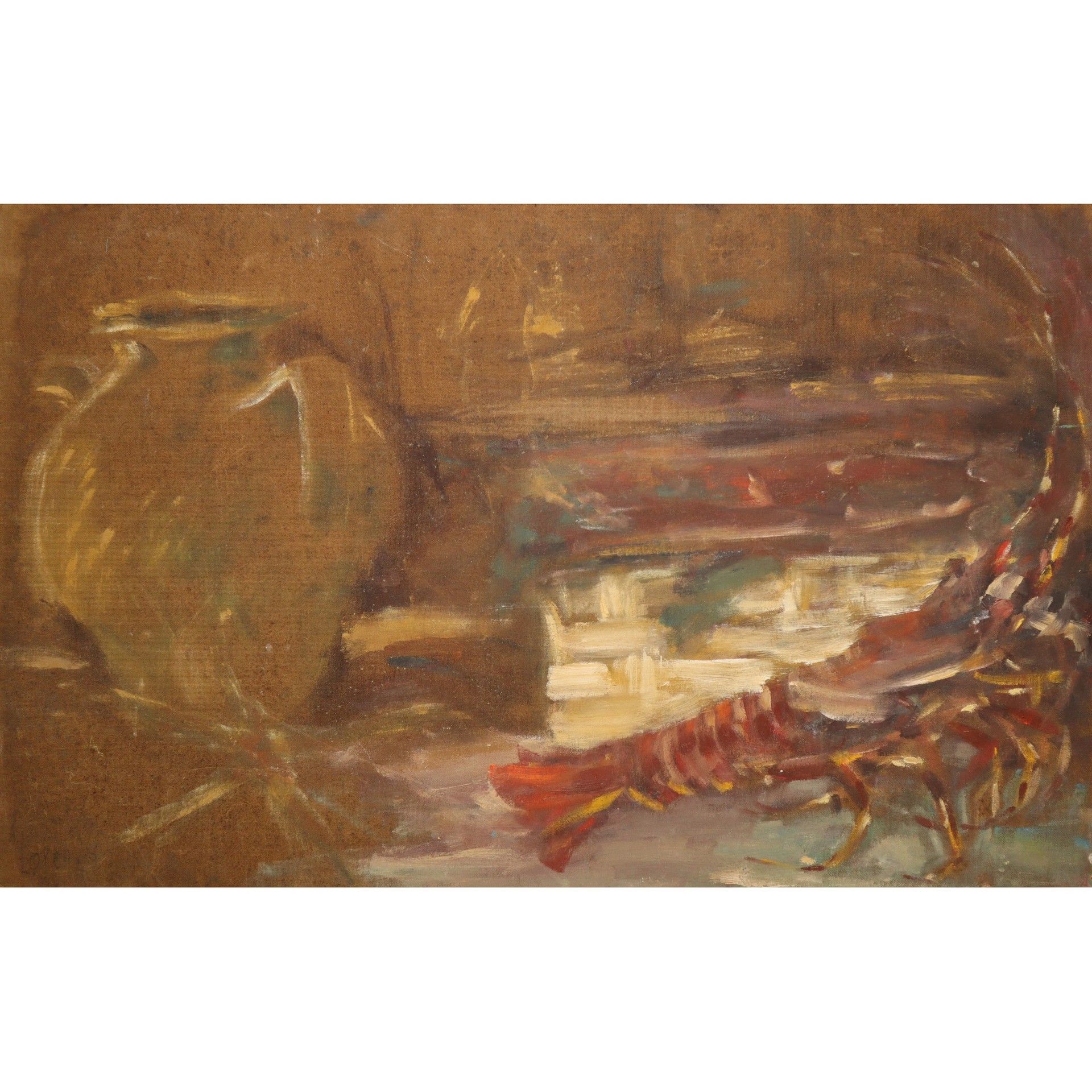 Albino Lorenzo 阿尔比诺-洛伦佐（特罗佩阿，1922-2005 年）--龙虾，60/70 年代 高厘米 106x64 石板上的油画 
背面有画家安&hellip;