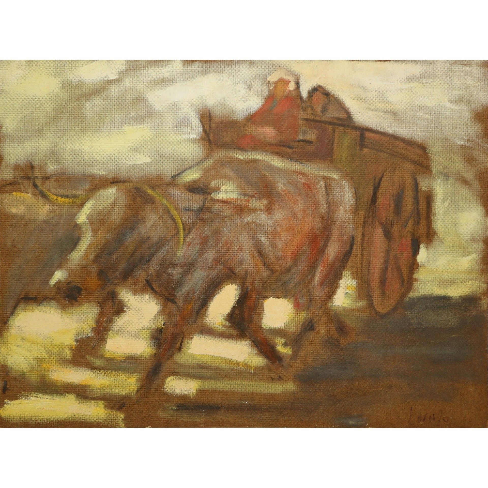 Albino Lorenzo 阿尔比诺-洛伦佐（特罗佩阿，1922-2005 年）--有牛的马车，60/70 年代 高厘米 80x60 石灰岩上的油画 
背面有&hellip;