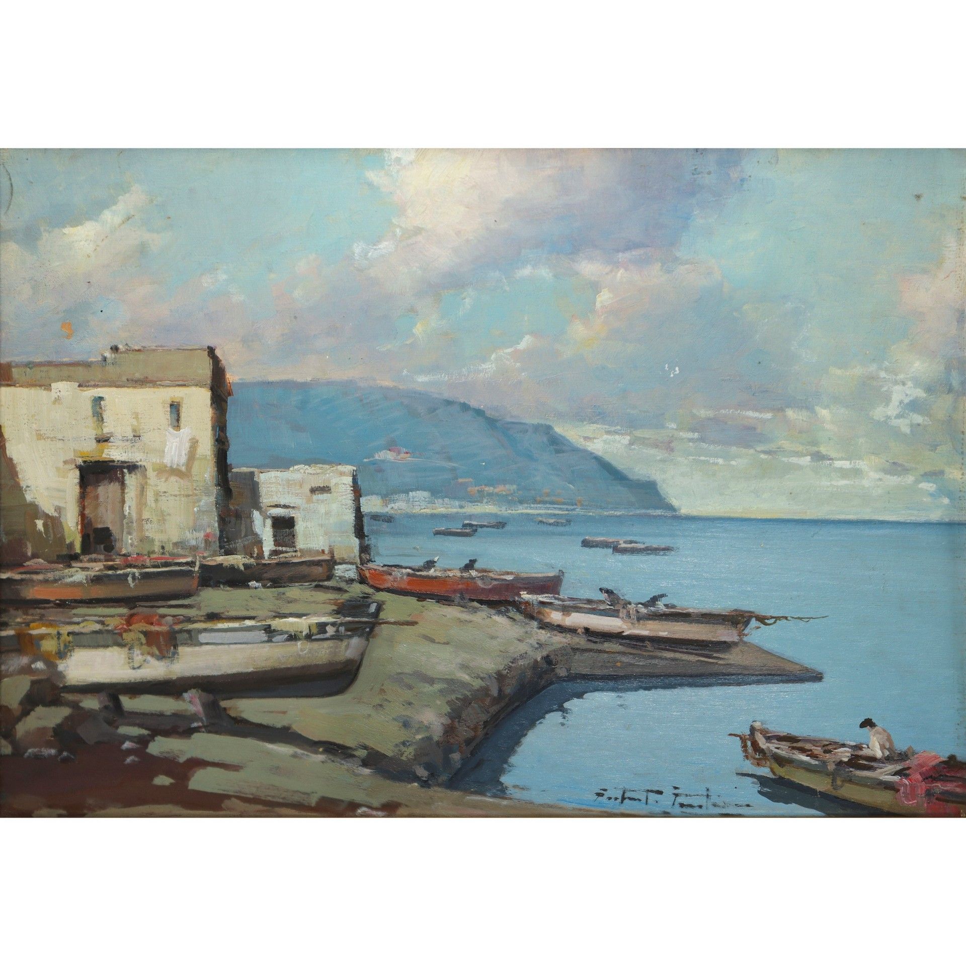 Fortunato Fontana Fortunato Fontana (Naples 11/02/1936) - 地中海码头，有船和渔民以及两座小房子 高厘米&hellip;