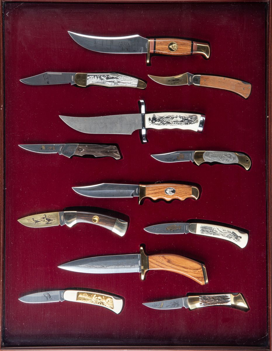Hunting and fishing knives collection in wall display ca…