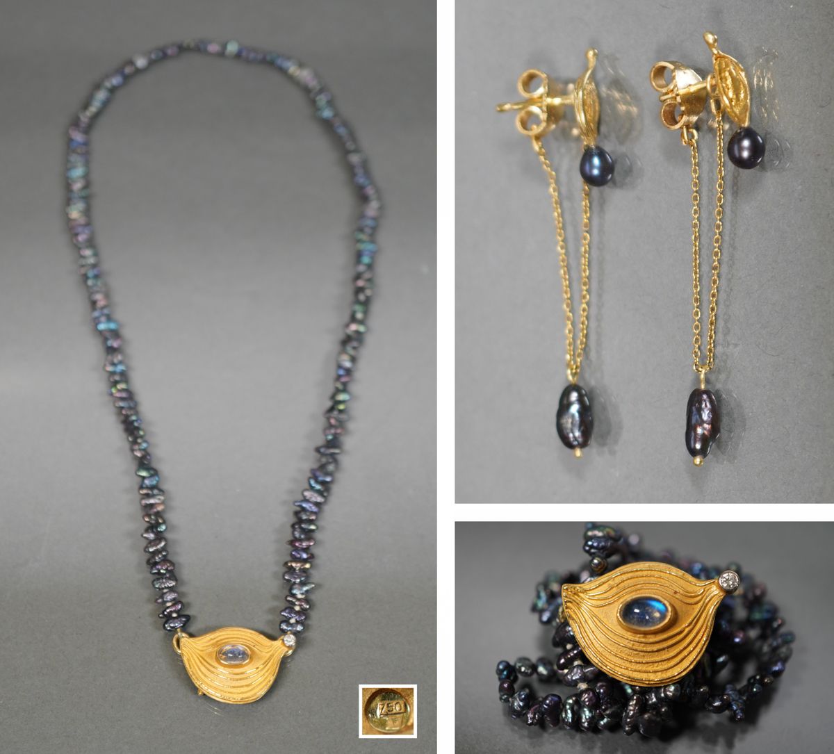 Null Collier et boucles d'oreilles avec perles teintées en noir, GG 750, ,fermet&hellip;