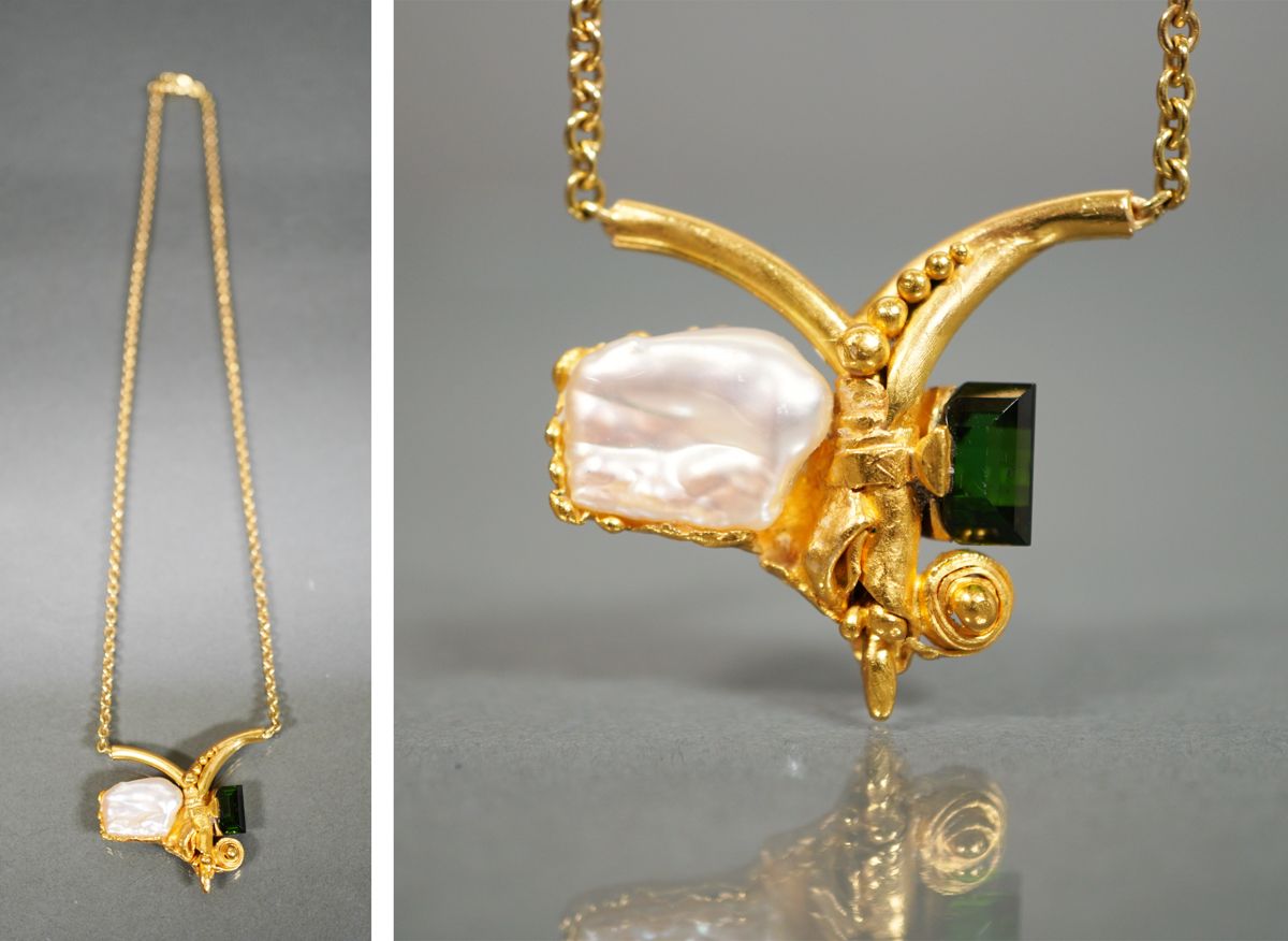Null Collier avec perle baroque et tourmaline, GG 750, ,serti à la main d'une pe&hellip;