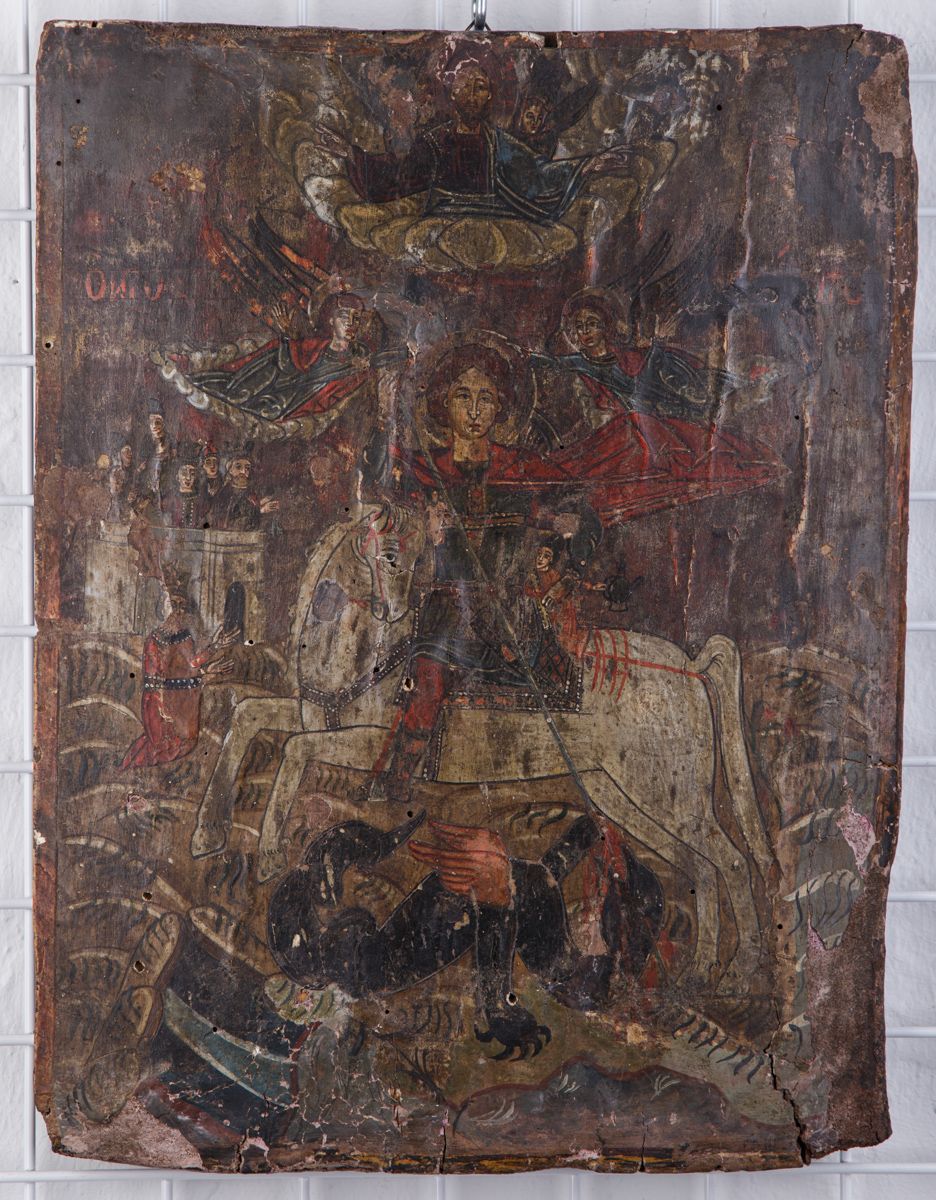 Null Icône : Saint Georges terrassant le dragon, byzantin, 18e s., Tempera sur f&hellip;