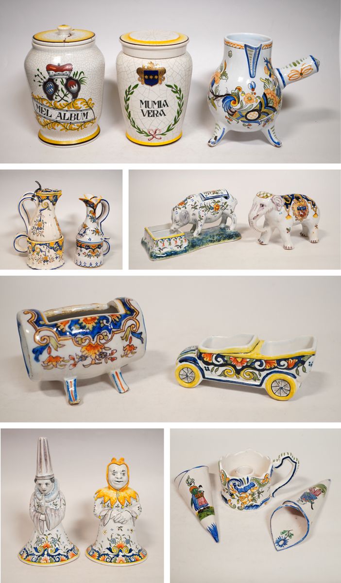 Null Collection de 14 objets en faïence, France, émaillés blancs, décor polychro&hellip;