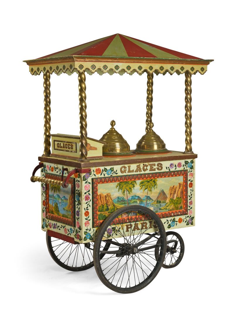Null Itinerant merchant's ice-cream cart in polychrome painted wood with landsca&hellip;