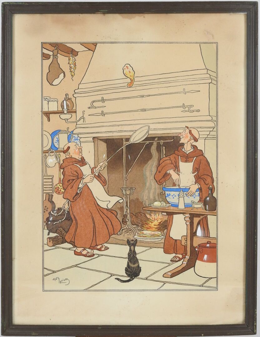 Null 哈利-艾略特（1882-1959）之后。

僧侣们吹起了煎饼。

彩色印刷品，左下方有签名。

46 x 34厘米。

有轻微的氧化现象。