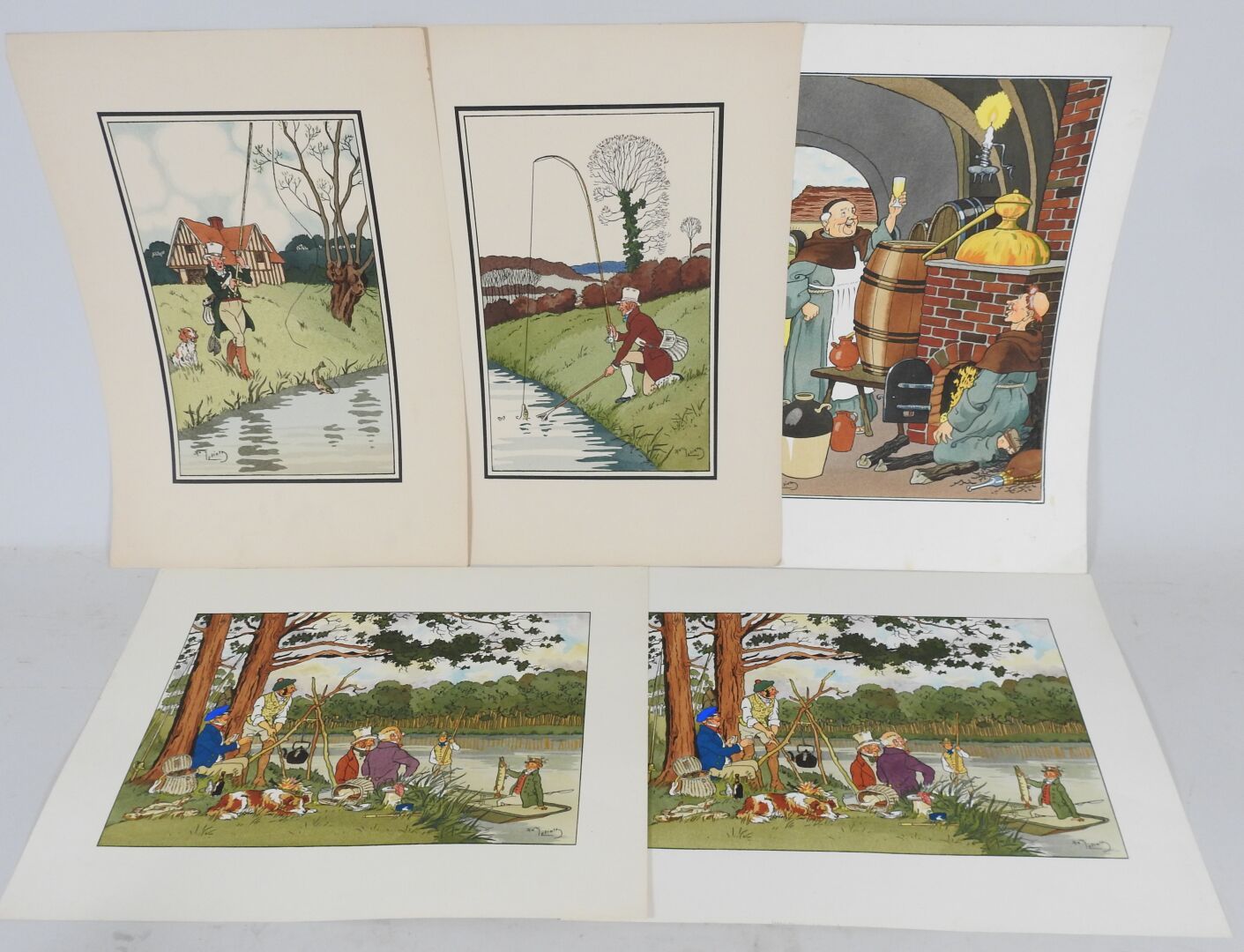 Null 哈利-艾略特（1882-1959）之后。

钓鱼的场景，僧侣和静止的场景。

五幅彩色印刷品套装。

32 x 44厘米和45 x 32.5厘米。